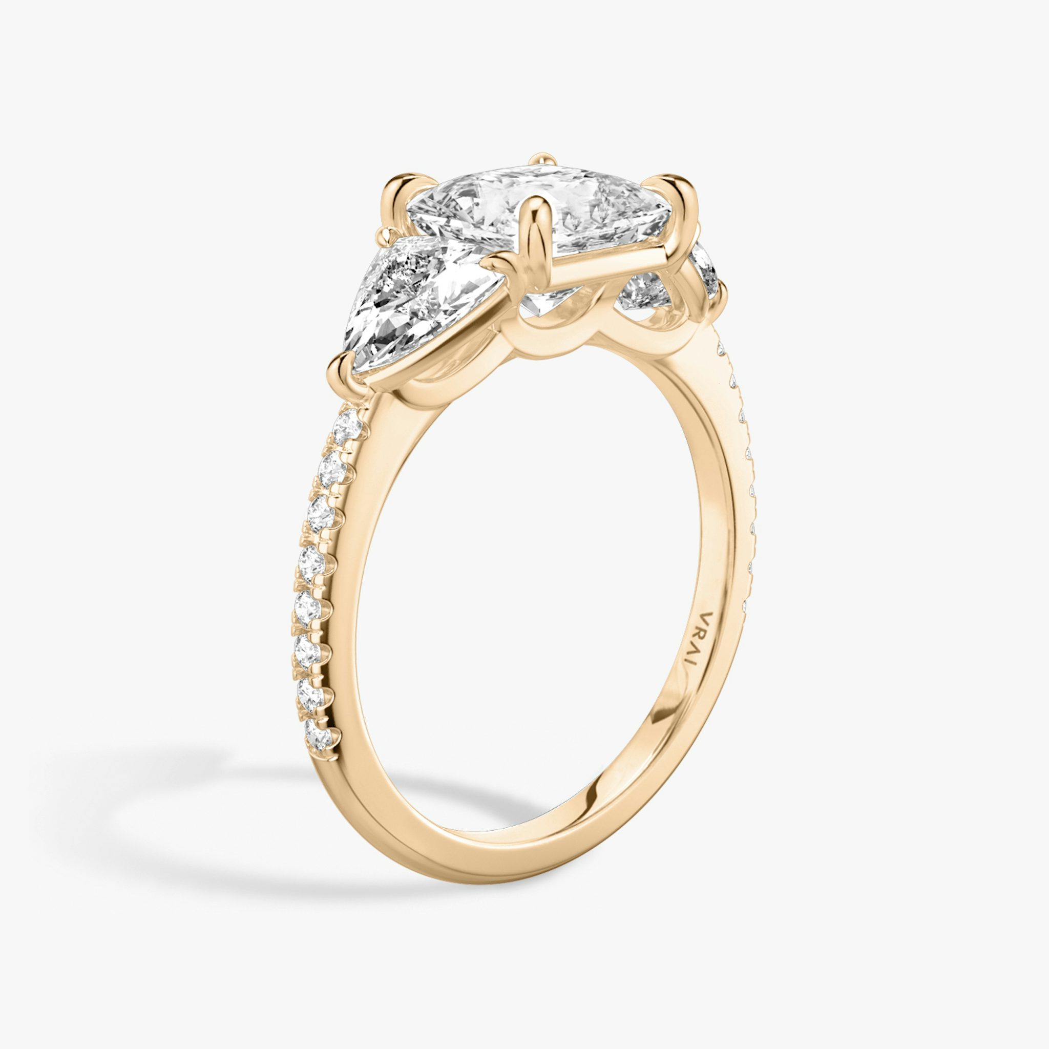 The Three Stone | Princess | 14k | Rose Gold | bandAccent: Pavé | sideStoneCarat: 0.50ct | sideStoneShape: Trillion | diamondOrientation: vertical | caratWeight: other