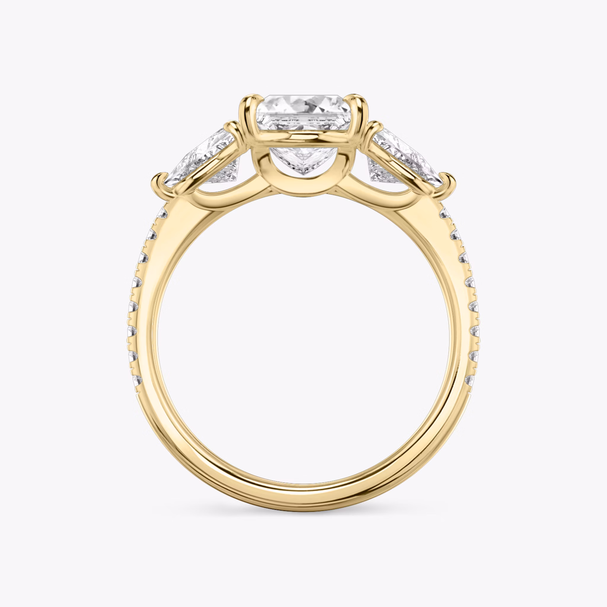 The Three Stone | Princess | 18k | Yellow Gold | bandAccent: Pavé | sideStoneCarat: 0.50ct | sideStoneShape: Trillion | diamondOrientation: vertical | caratWeight: other