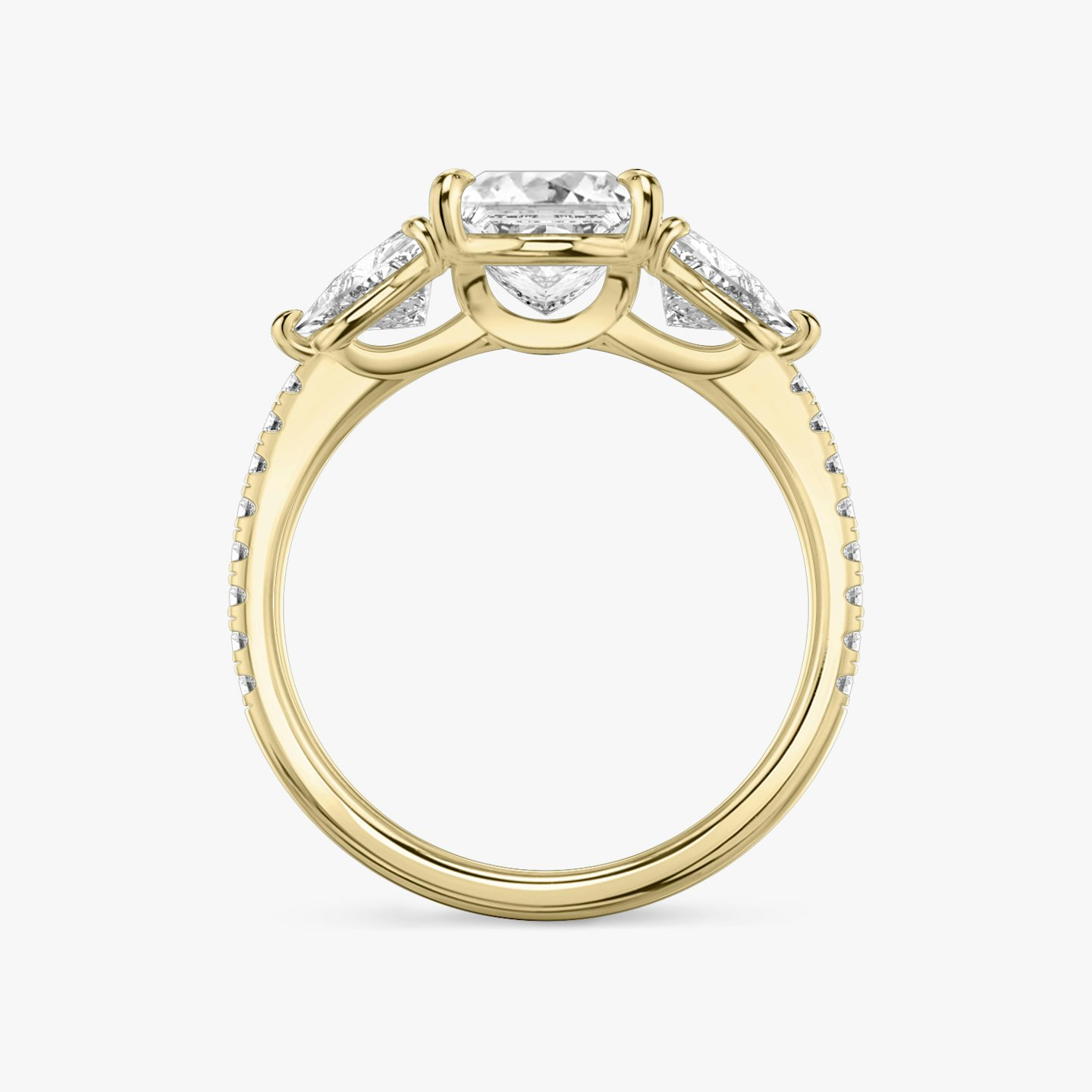The Three Stone | Princess | 18k | Yellow Gold | bandAccent: Pavé | sideStoneCarat: 0.50ct | sideStoneShape: Trillion | diamondOrientation: vertical | caratWeight: other