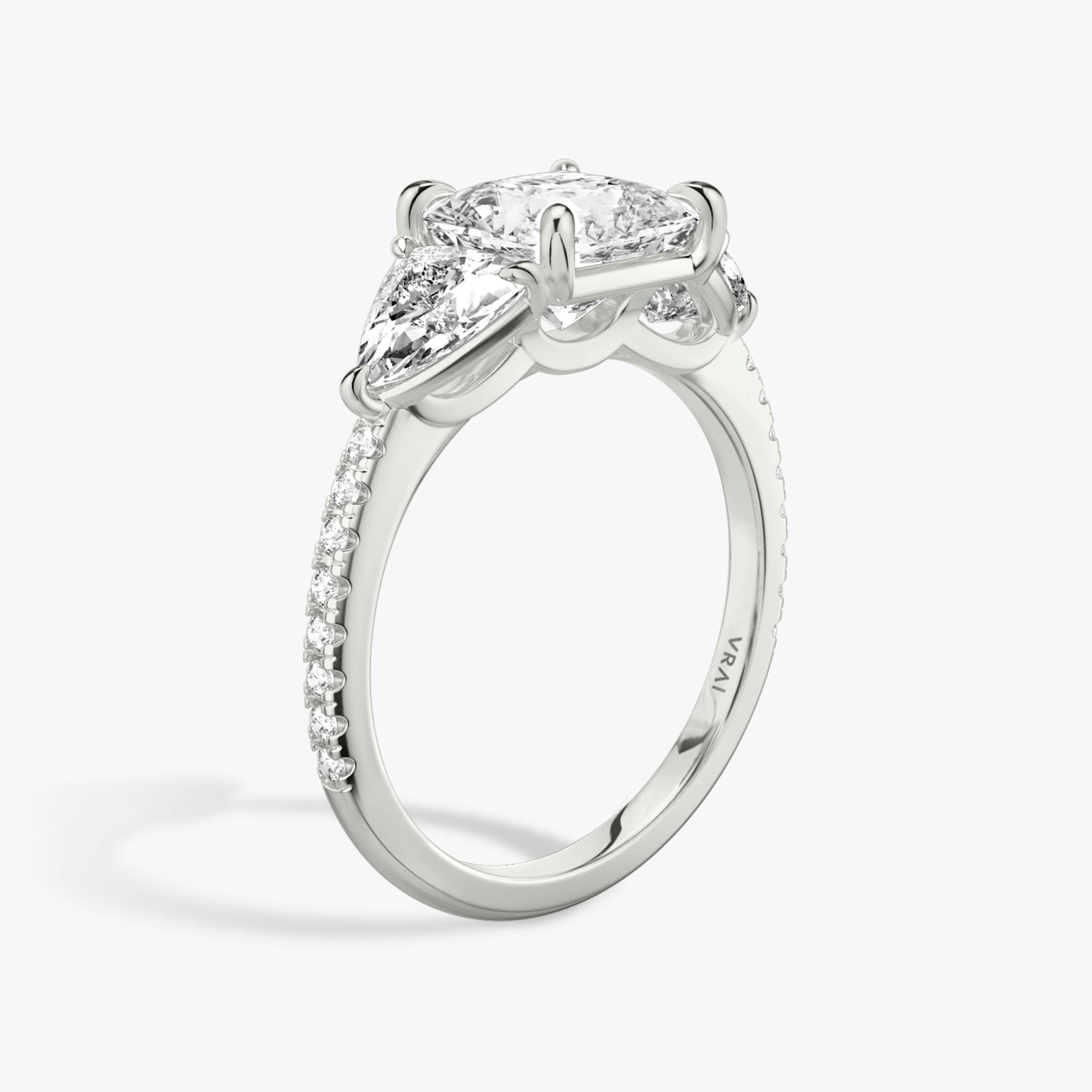 The Three Stone | Princess | 18k | White Gold | bandAccent: Pavé | sideStoneCarat: 0.50ct | sideStoneShape: Trillion | diamondOrientation: vertical | caratWeight: other