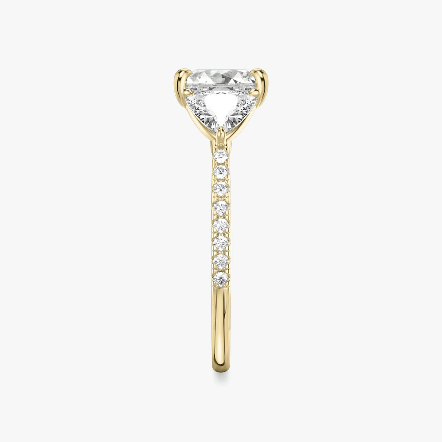 The Three Stone | Princess | 18k | Yellow Gold | bandAccent: Pavé | sideStoneCarat: 0.50ct | sideStoneShape: Trillion | diamondOrientation: vertical | caratWeight: other
