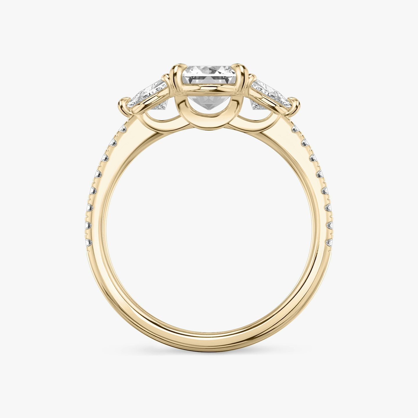 The Three Stone | Emerald | 14k | Rose Gold | bandAccent: Pavé | sideStoneCarat: 0.25ct | sideStoneShape: Trillion | diamondOrientation: vertical | caratWeight: other