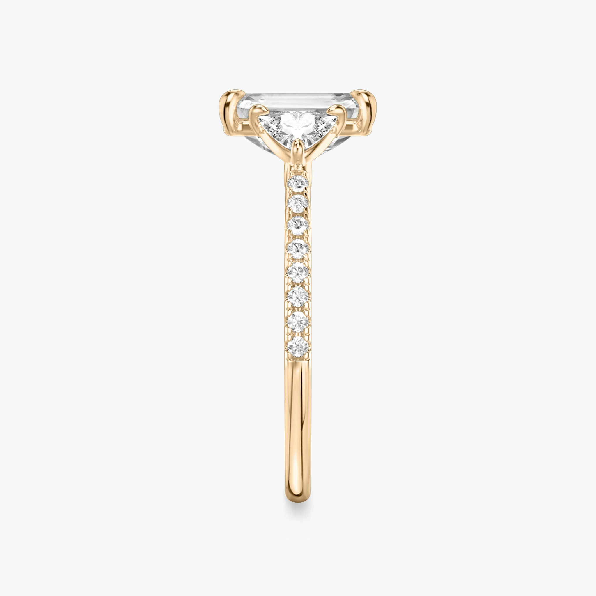 The Three Stone | Emerald | 14k | Rose Gold | bandAccent: Pavé | sideStoneCarat: 0.25ct | sideStoneShape: Trillion | diamondOrientation: vertical | caratWeight: other