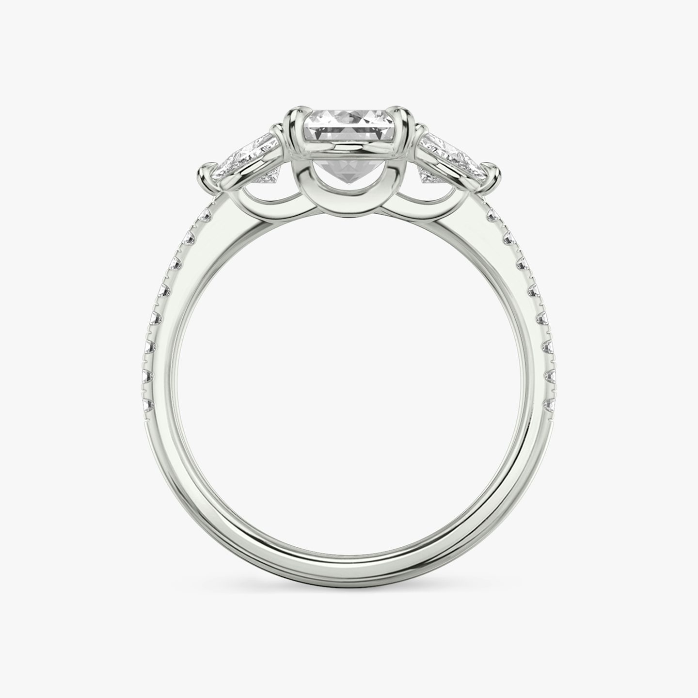 The Three Stone | Emerald | 18k | White Gold | bandAccent: Pavé | sideStoneCarat: 0.25ct | sideStoneShape: Trillion | diamondOrientation: vertical | caratWeight: other