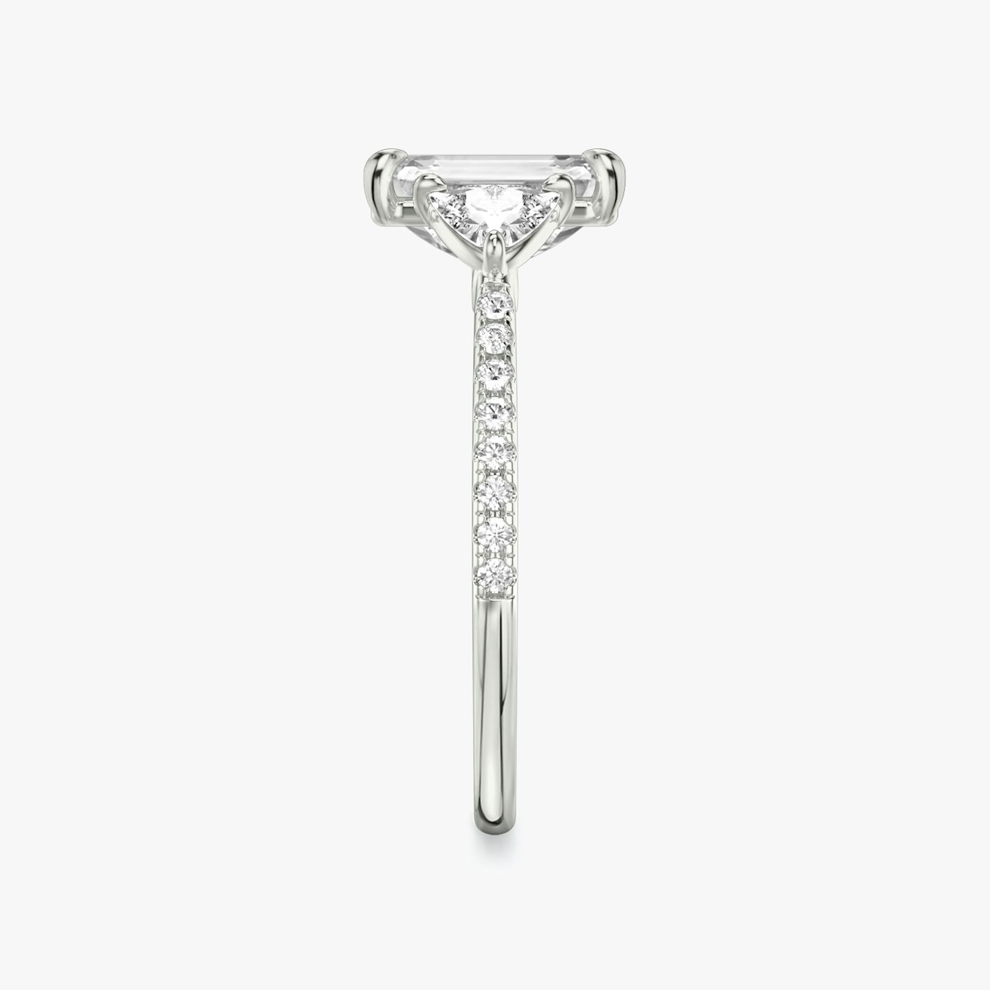 The Three Stone | Emerald | 18k | White Gold | bandAccent: Pavé | sideStoneCarat: 0.25ct | sideStoneShape: Trillion | diamondOrientation: vertical | caratWeight: other