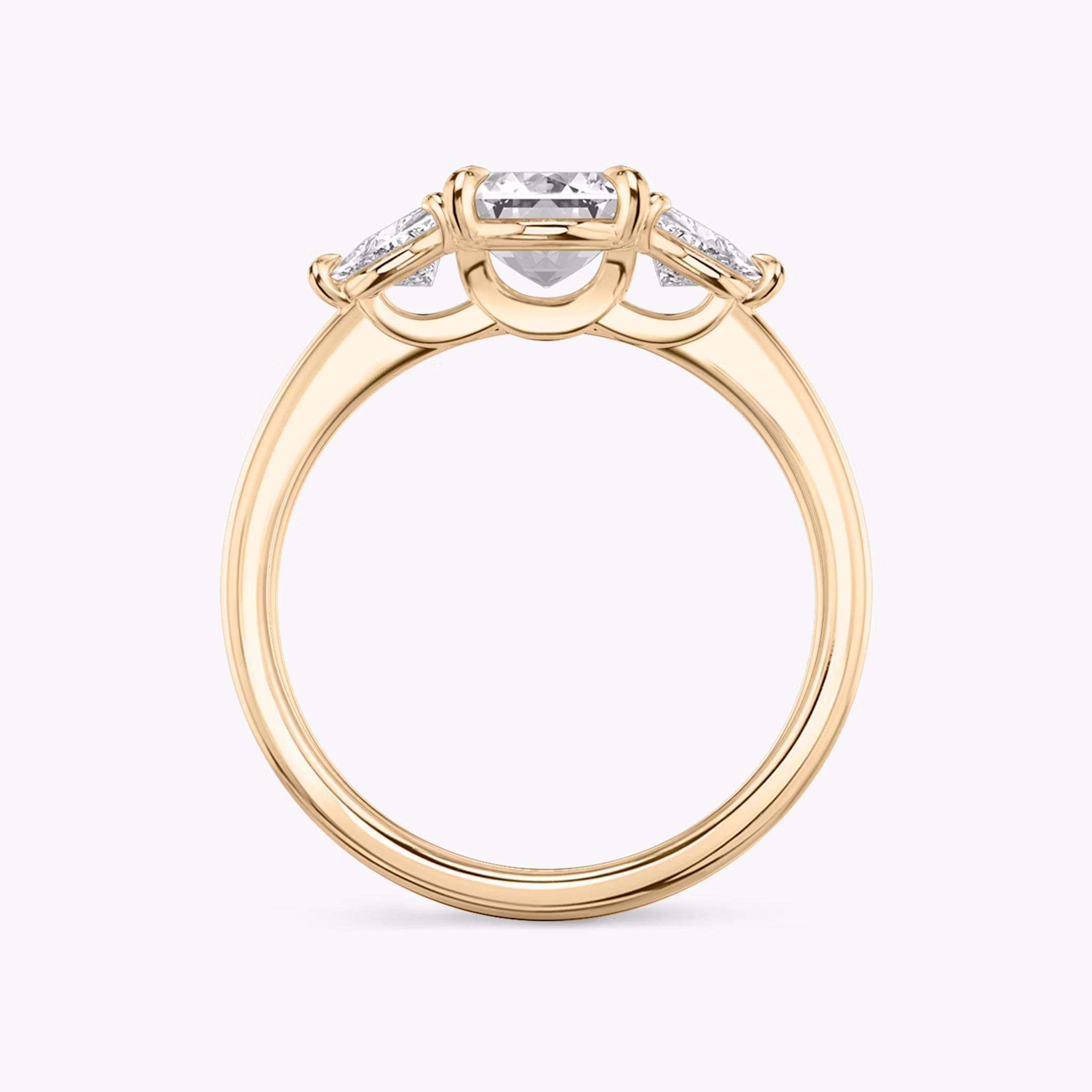 The Three Stone | Emerald | 14k | Rose Gold | bandAccent: Plain | sideStoneCarat: 0.25ct | sideStoneShape: Trillion | diamondOrientation: vertical | caratWeight: other