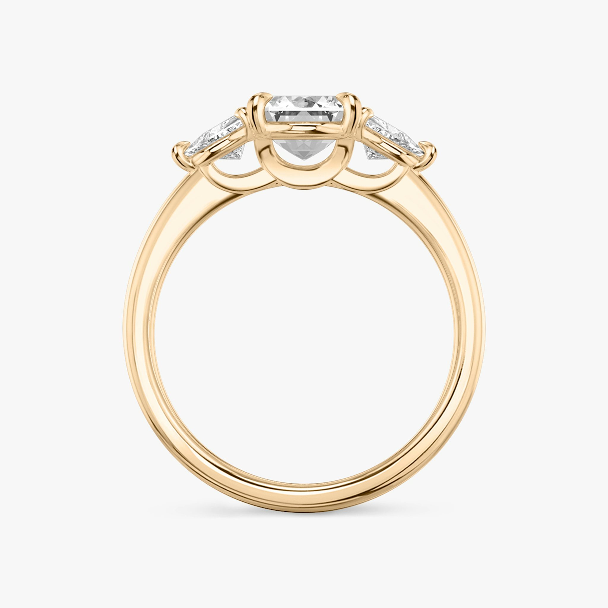 The Three Stone | Emerald | 14k | Rose Gold | bandAccent: Plain | sideStoneCarat: 0.25ct | sideStoneShape: Trillion | diamondOrientation: vertical | caratWeight: other