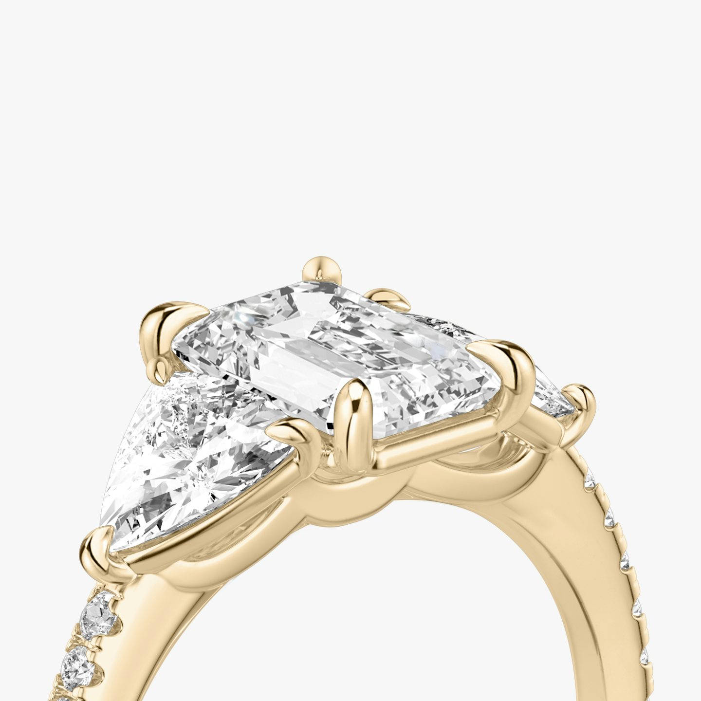 The Three Stone | Emerald | 14k | Rose Gold | bandAccent: Pavé | sideStoneCarat: 0.50ct | sideStoneShape: Trillion | diamondOrientation: vertical | caratWeight: other