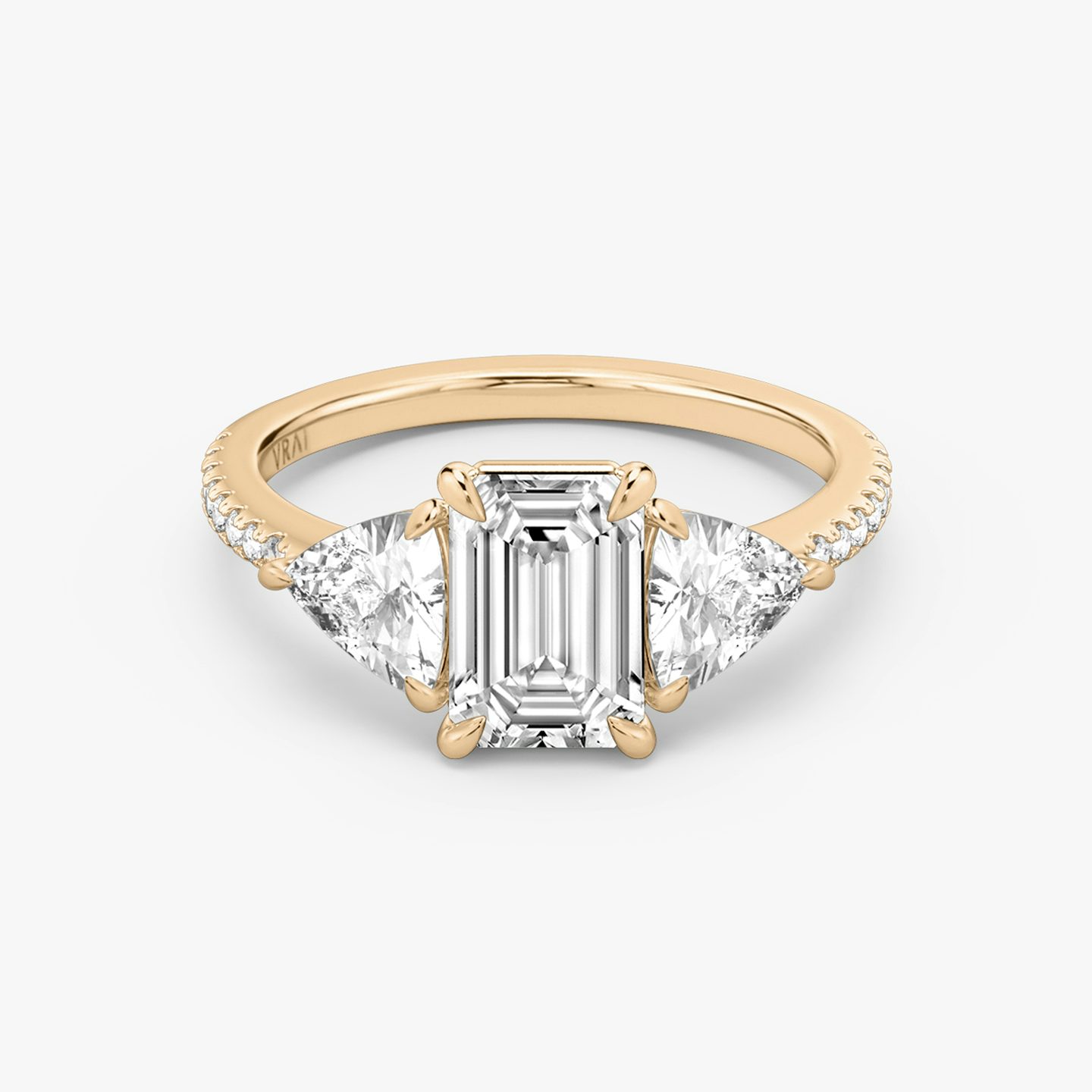 The Three Stone | Emerald | 14k | Rose Gold | bandAccent: Pavé | sideStoneCarat: 0.50ct | sideStoneShape: Trillion | diamondOrientation: vertical | caratWeight: other
