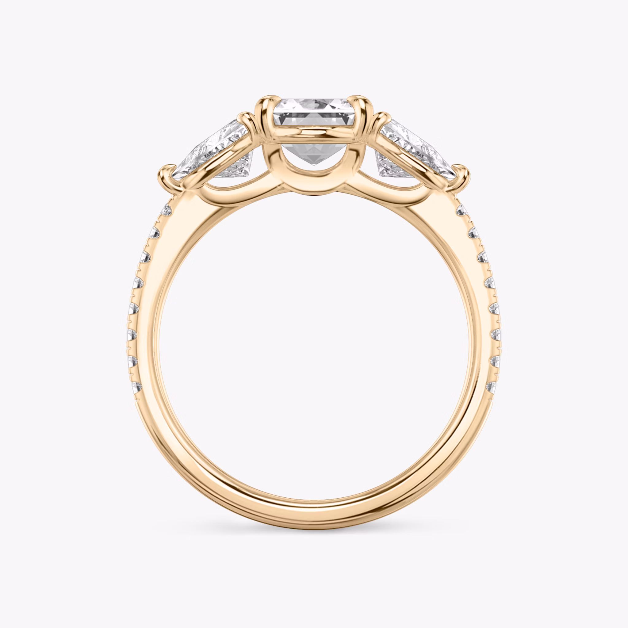 The Three Stone | Emerald | 14k | Rose Gold | bandAccent: Pavé | sideStoneCarat: 0.50ct | sideStoneShape: Trillion | diamondOrientation: vertical | caratWeight: other