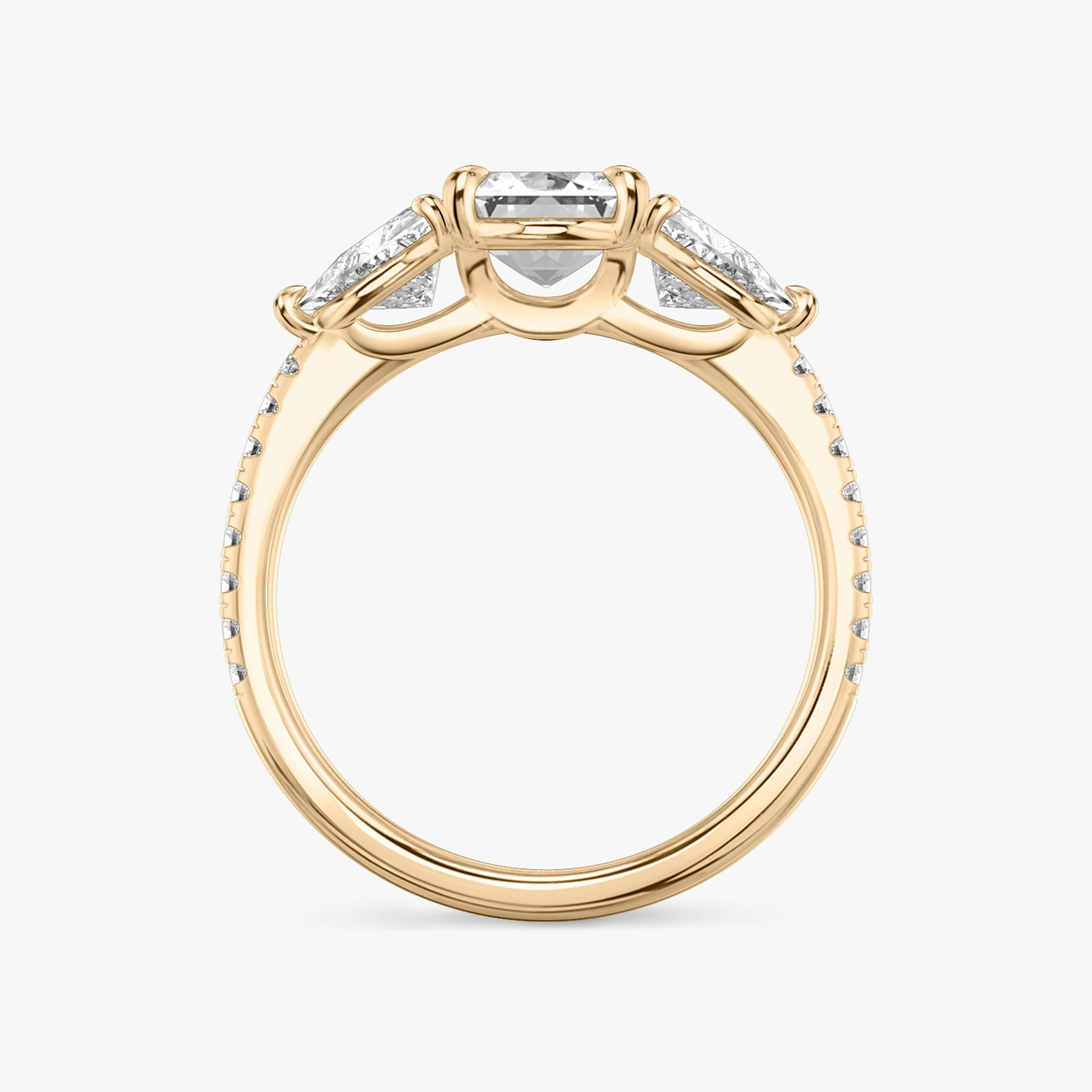 The Three Stone | Emerald | 14k | Rose Gold | bandAccent: Pavé | sideStoneCarat: 0.50ct | sideStoneShape: Trillion | diamondOrientation: vertical | caratWeight: other