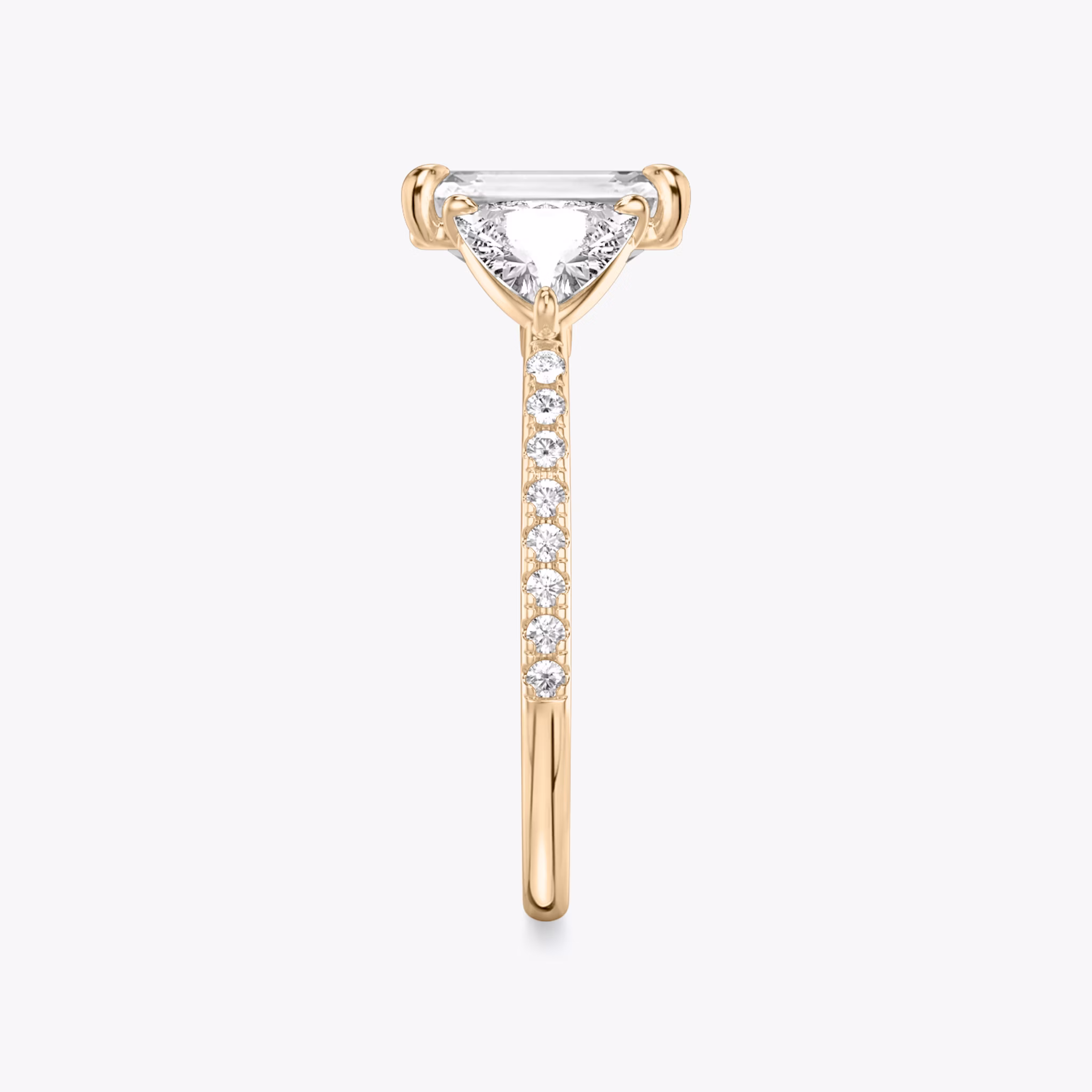 The Three Stone | Emerald | 14k | Rose Gold | bandAccent: Pavé | sideStoneCarat: 0.50ct | sideStoneShape: Trillion | diamondOrientation: vertical | caratWeight: other