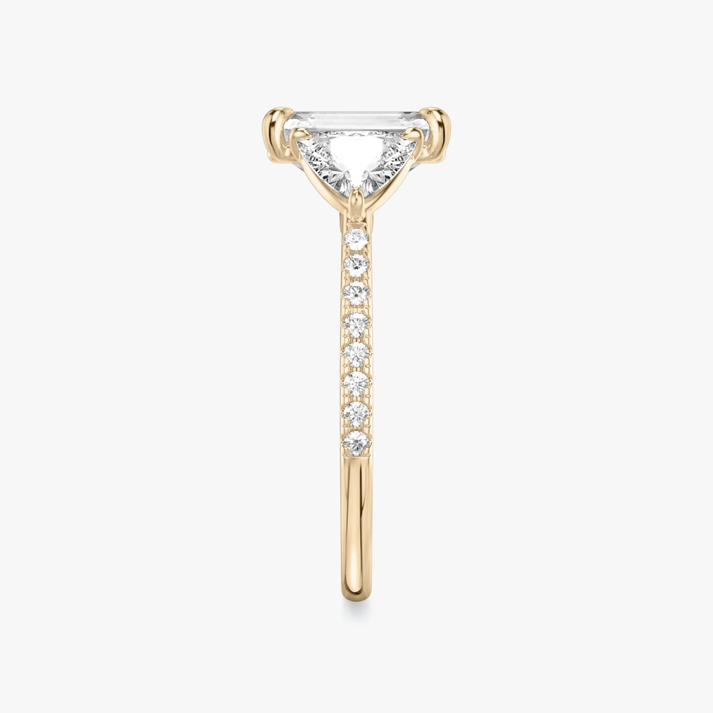 The Three Stone | Emerald | 14k | Rose Gold | bandAccent: Pavé | sideStoneCarat: 0.50ct | sideStoneShape: Trillion | diamondOrientation: vertical | caratWeight: other