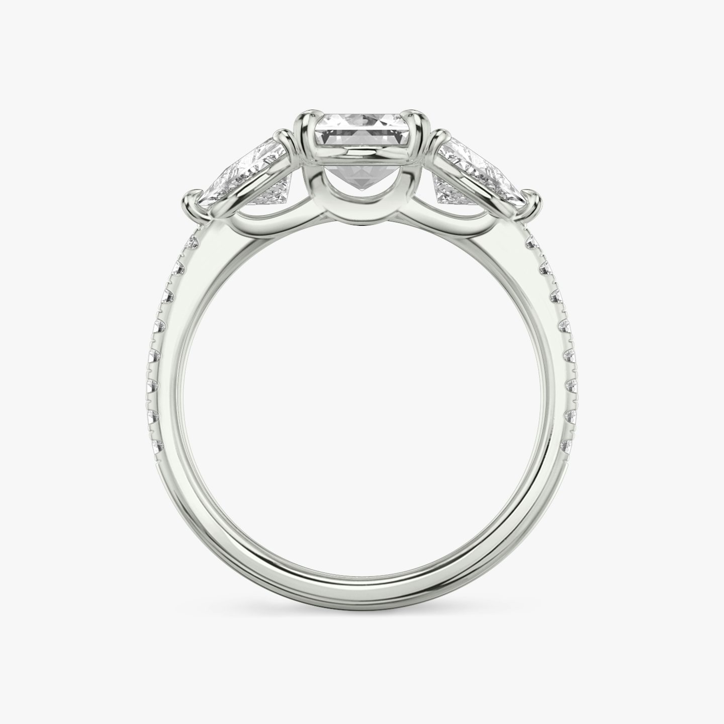 The Three Stone | Emerald | 18k | White Gold | bandAccent: Pavé | sideStoneCarat: 0.50ct | sideStoneShape: Trillion | diamondOrientation: vertical | caratWeight: other