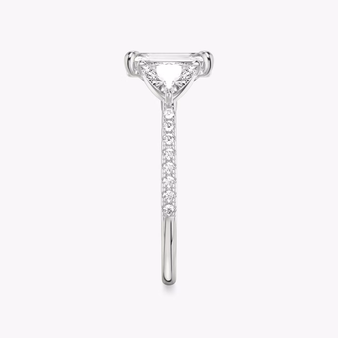 The Three Stone | Emerald | 18k | White Gold | bandAccent: Pavé | sideStoneCarat: 0.50ct | sideStoneShape: Trillion | diamondOrientation: vertical | caratWeight: other