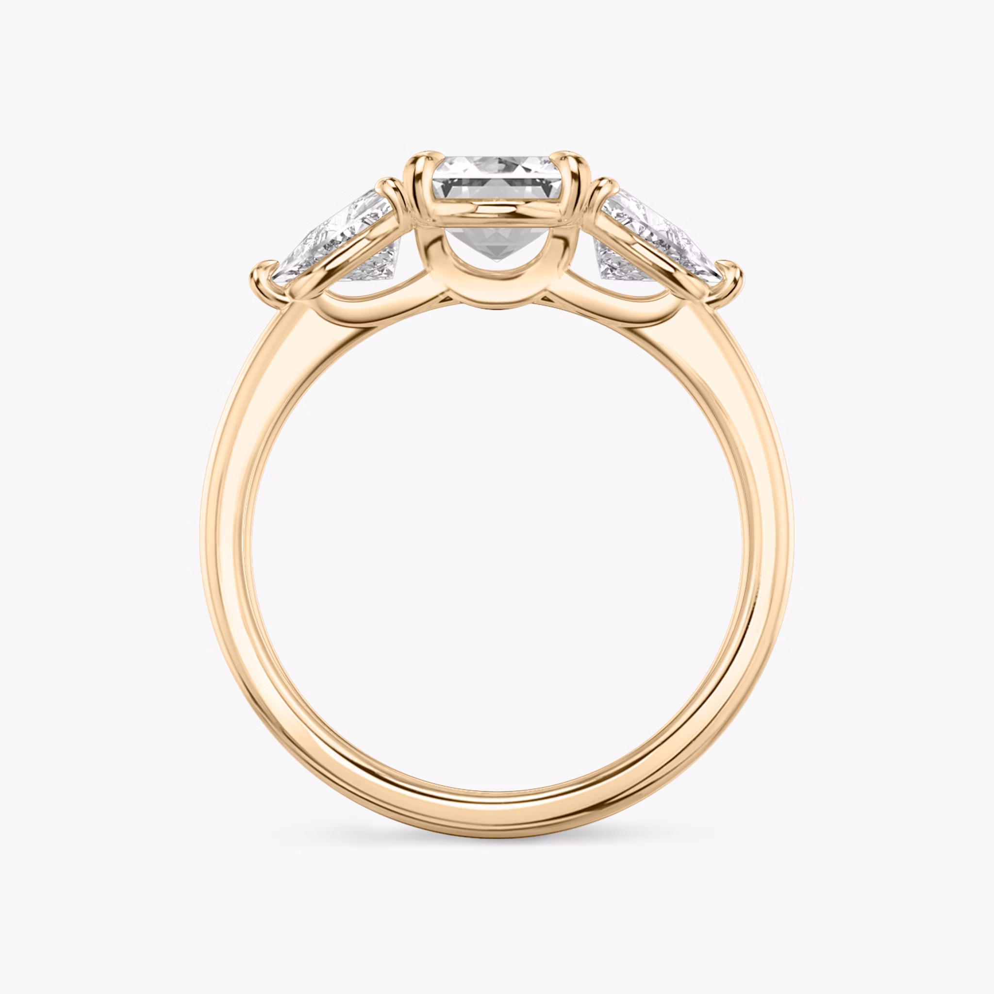The Three Stone | Emerald | 14k | Rose Gold | bandAccent: Plain | sideStoneCarat: 0.50ct | sideStoneShape: Trillion | diamondOrientation: vertical | caratWeight: other