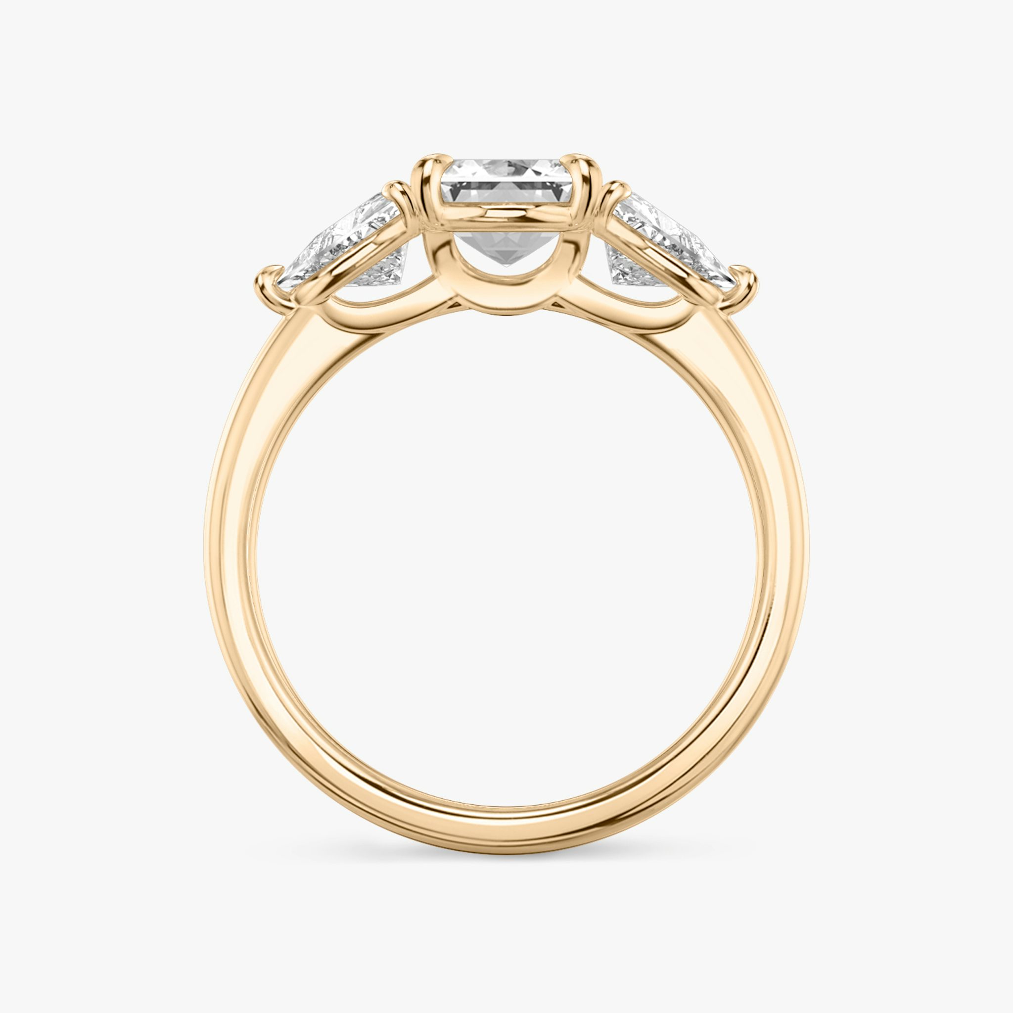 The Three Stone | Emerald | 14k | Rose Gold | bandAccent: Plain | sideStoneCarat: 0.50ct | sideStoneShape: Trillion | diamondOrientation: vertical | caratWeight: other
