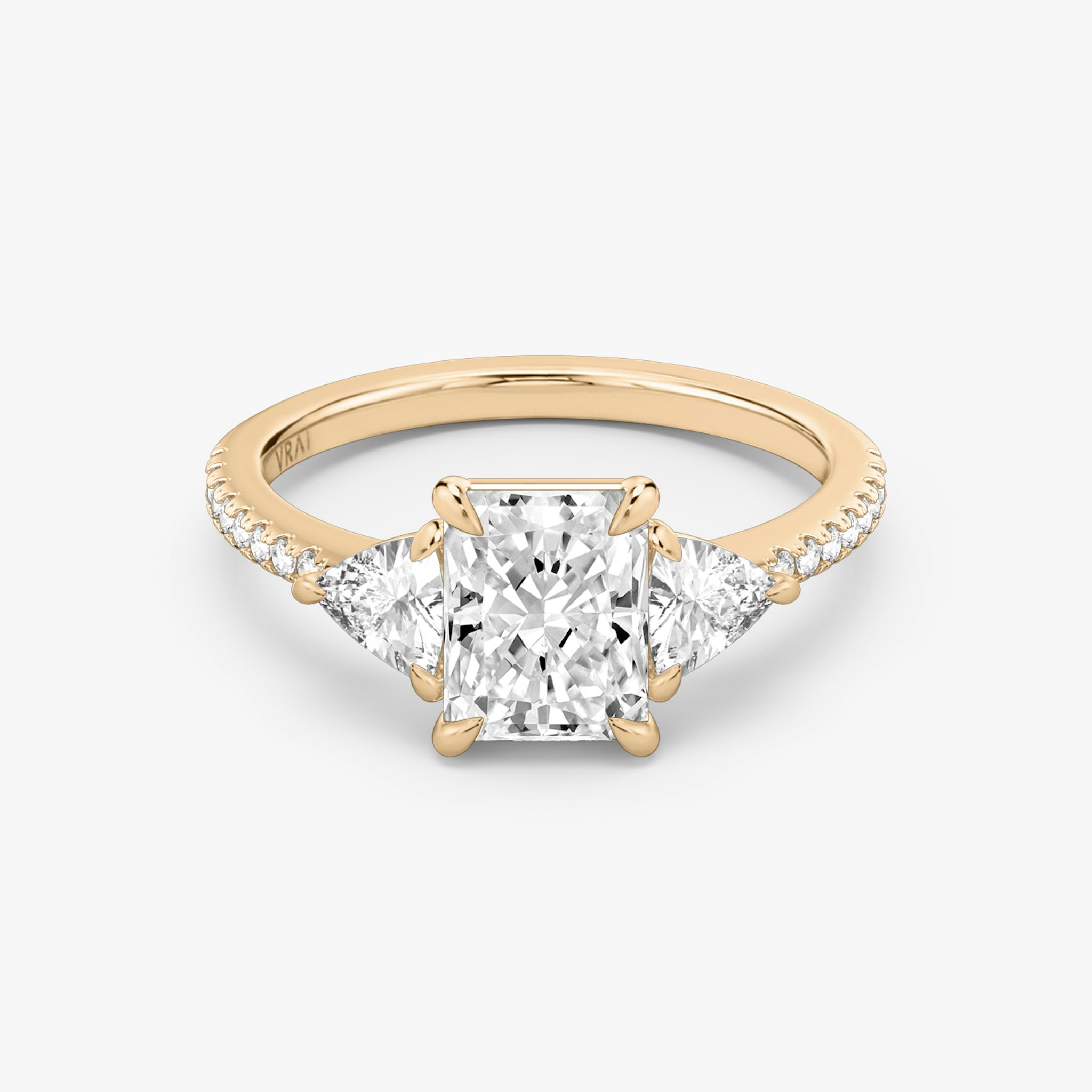 The Three Stone | Radiant | 14k | Rose Gold | bandAccent: Pavé | sideStoneCarat: 0.25ct | sideStoneShape: Trillion | diamondOrientation: vertical | caratWeight: other