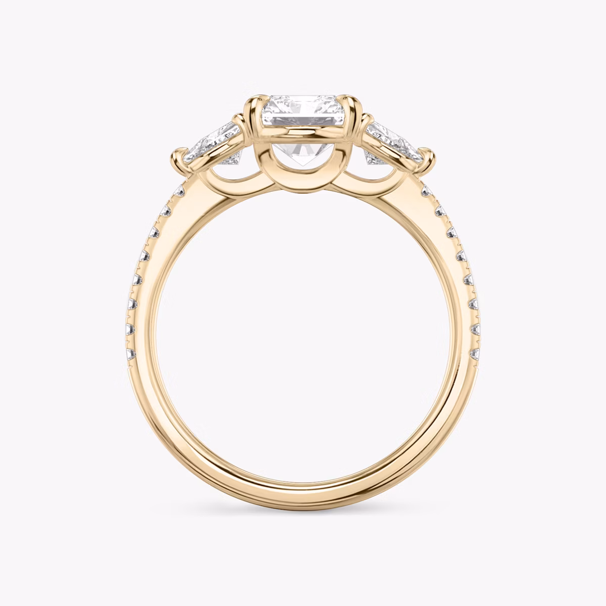 The Three Stone | Radiant | 14k | Rose Gold | bandAccent: Pavé | sideStoneCarat: 0.25ct | sideStoneShape: Trillion | diamondOrientation: vertical | caratWeight: other