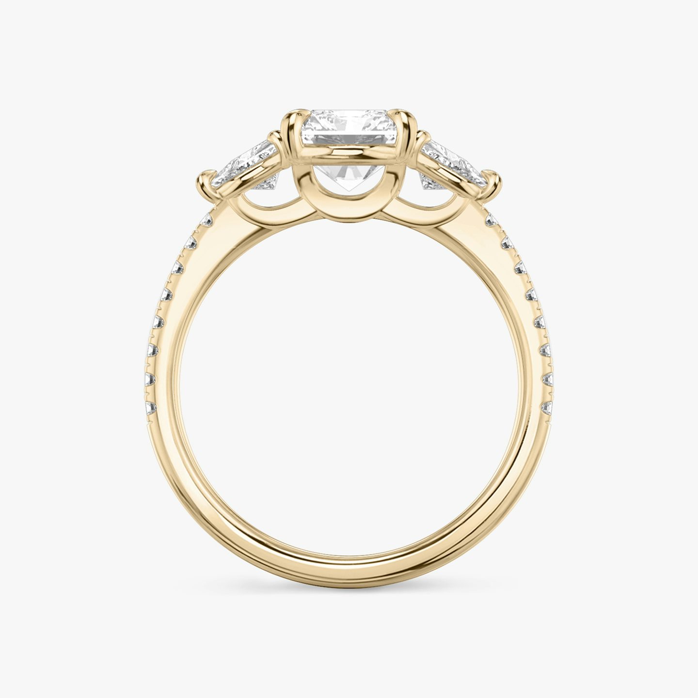 The Three Stone | Radiant | 14k | Rose Gold | bandAccent: Pavé | sideStoneCarat: 0.25ct | sideStoneShape: Trillion | diamondOrientation: vertical | caratWeight: other