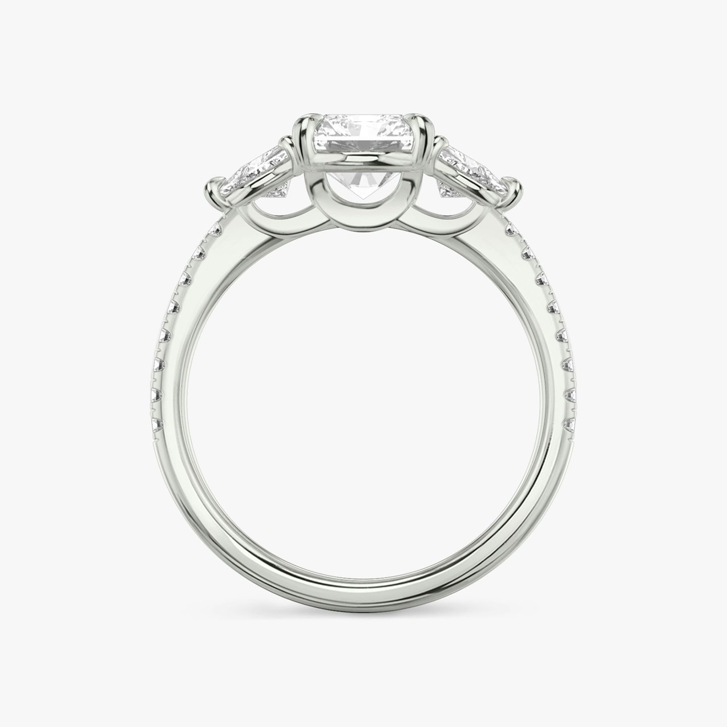 The Three Stone | Radiant | 18k | White Gold | bandAccent: Pavé | sideStoneCarat: 0.25ct | sideStoneShape: Trillion | diamondOrientation: vertical | caratWeight: other