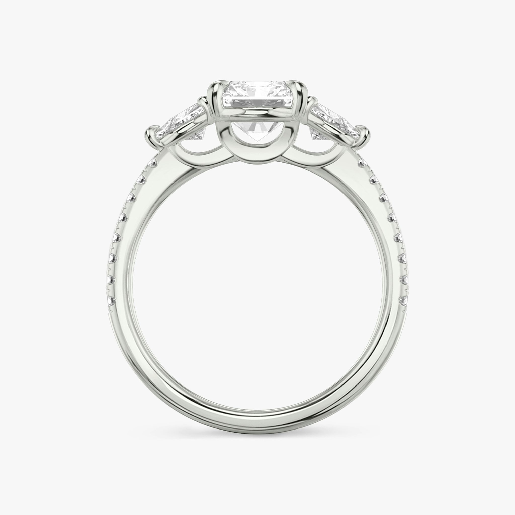 The Three Stone | Radiant | Platinum | bandAccent: Pavé | sideStoneCarat: 0.25ct | sideStoneShape: Trillion | diamondOrientation: vertical | caratWeight: other