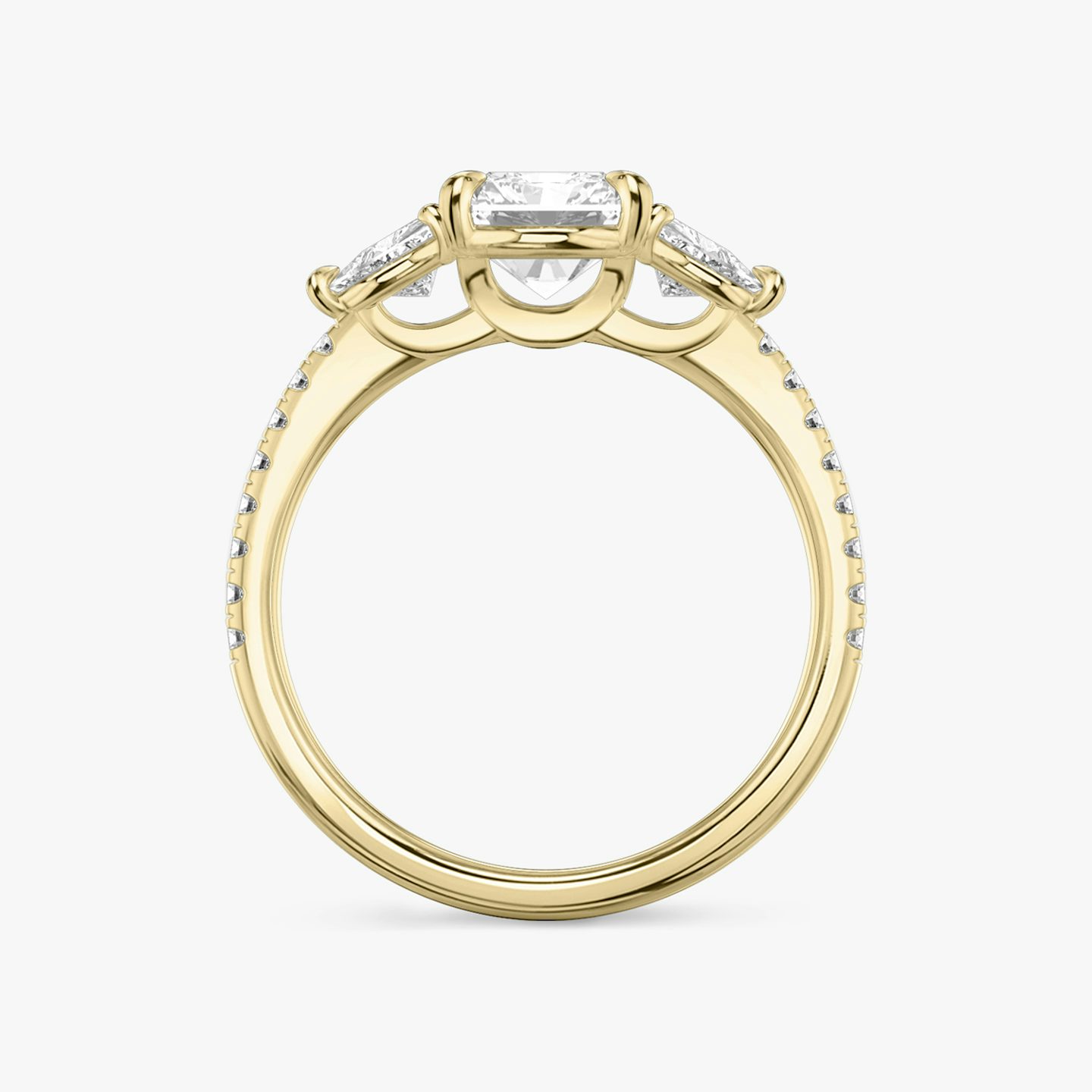 The Three Stone | Radiant | 18k | Yellow Gold | bandAccent: Pavé | sideStoneCarat: 0.25ct | sideStoneShape: Trillion | diamondOrientation: vertical | caratWeight: other