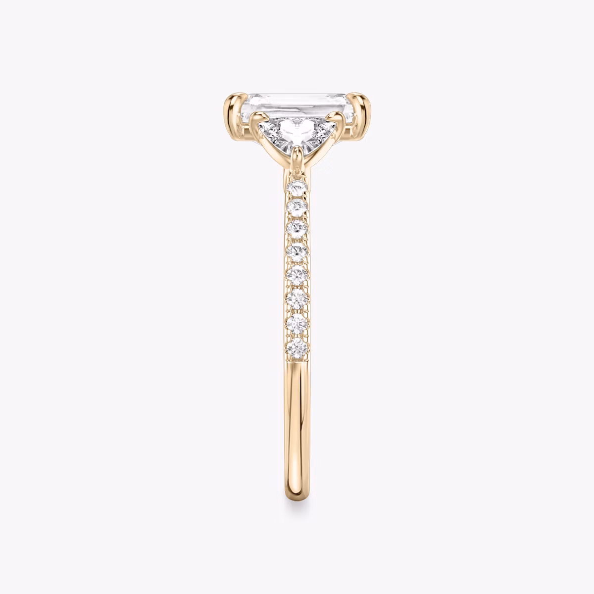 The Three Stone | Radiant | 14k | Rose Gold | bandAccent: Pavé | sideStoneCarat: 0.25ct | sideStoneShape: Trillion | diamondOrientation: vertical | caratWeight: other