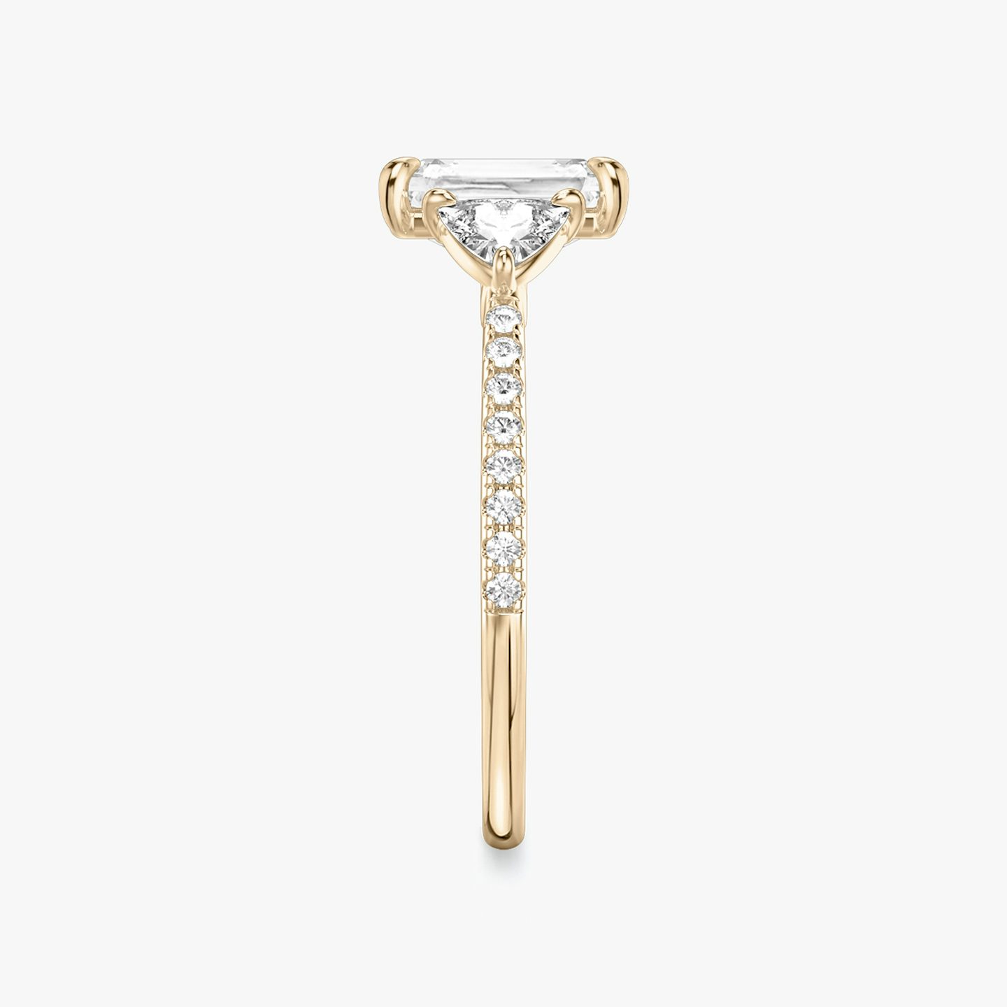 The Three Stone | Radiant | 14k | Rose Gold | bandAccent: Pavé | sideStoneCarat: 0.25ct | sideStoneShape: Trillion | diamondOrientation: vertical | caratWeight: other