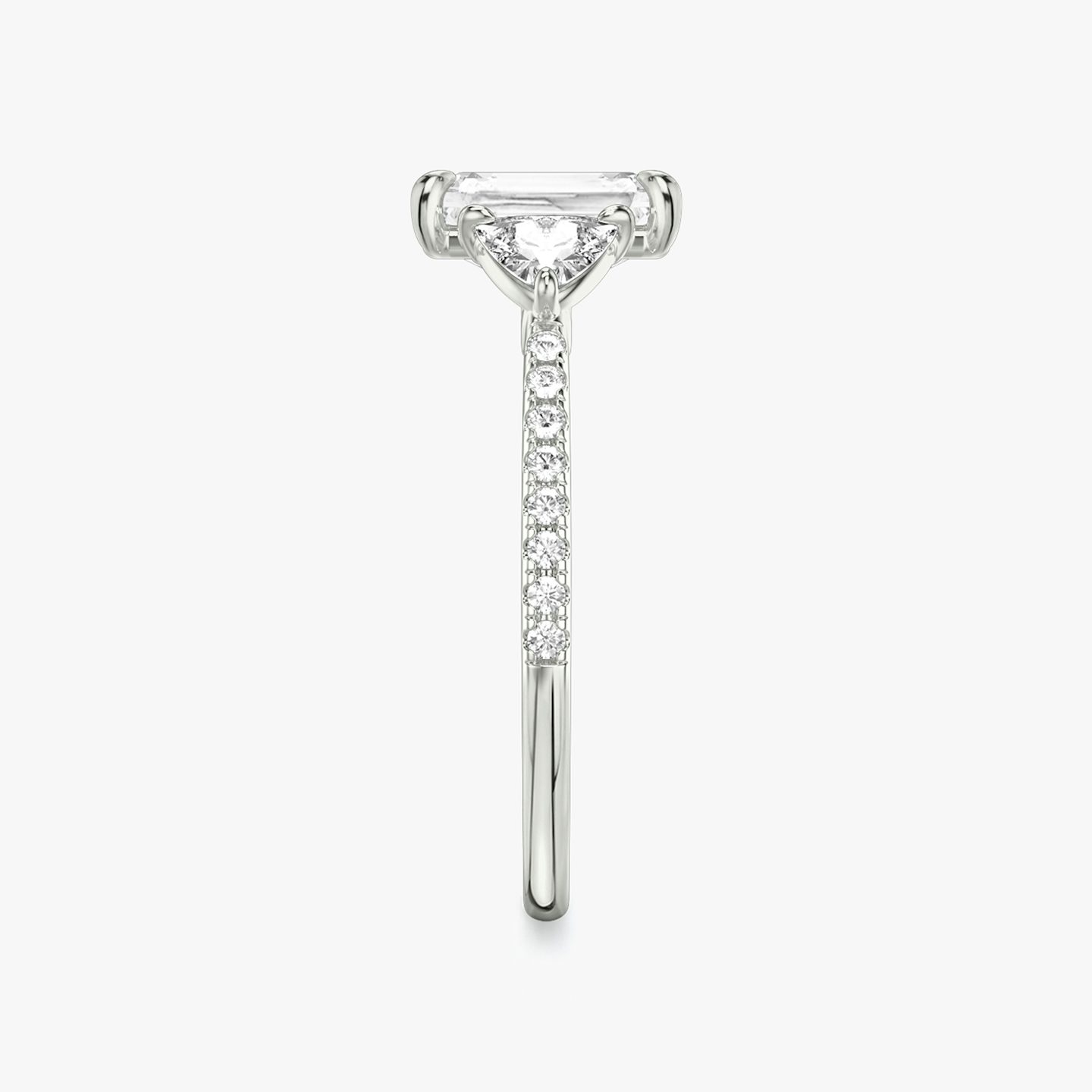The Three Stone | Radiant | 18k | White Gold | bandAccent: Pavé | sideStoneCarat: 0.25ct | sideStoneShape: Trillion | diamondOrientation: vertical | caratWeight: other