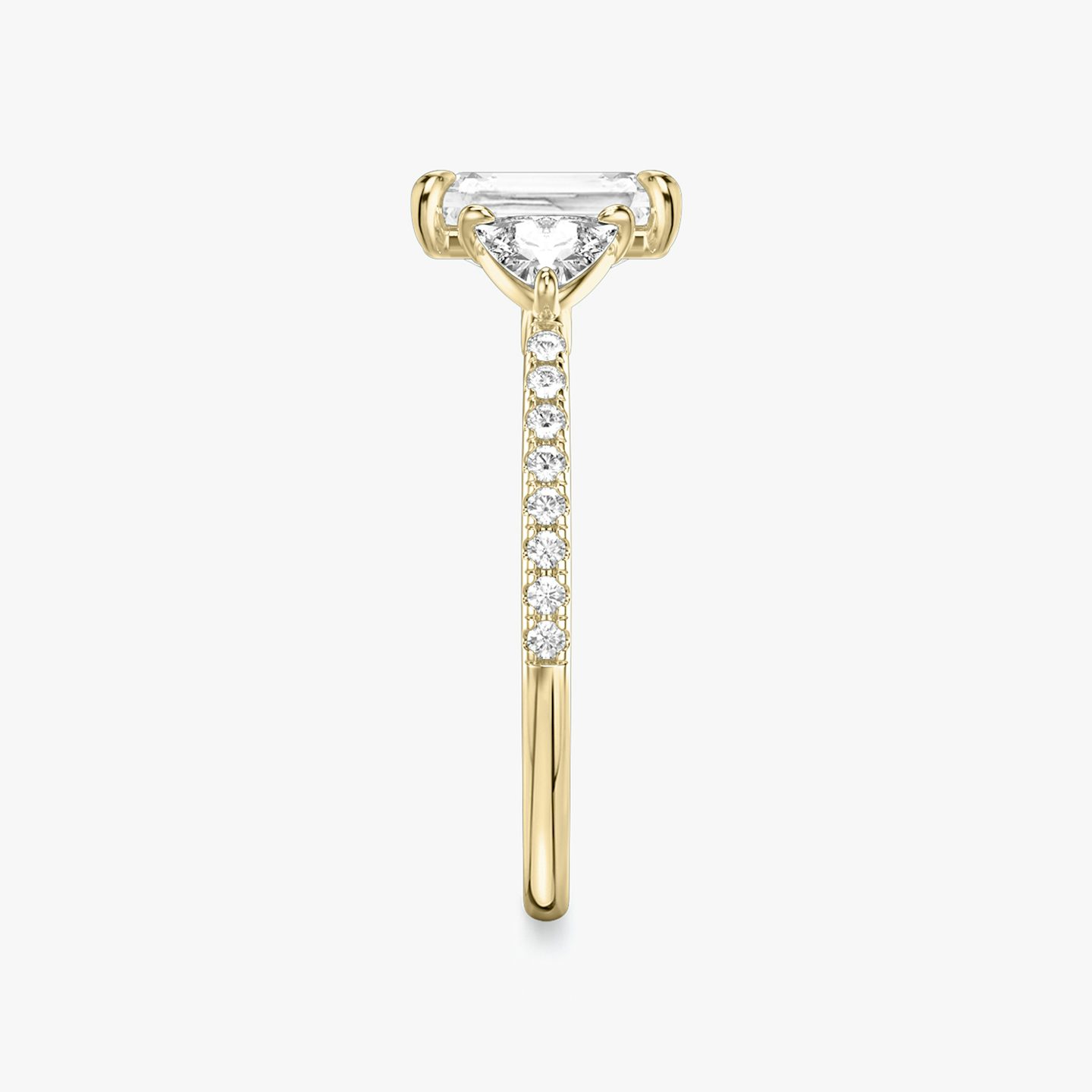 The Three Stone | Radiant | 18k | Yellow Gold | bandAccent: Pavé | sideStoneCarat: 0.25ct | sideStoneShape: Trillion | diamondOrientation: vertical | caratWeight: other