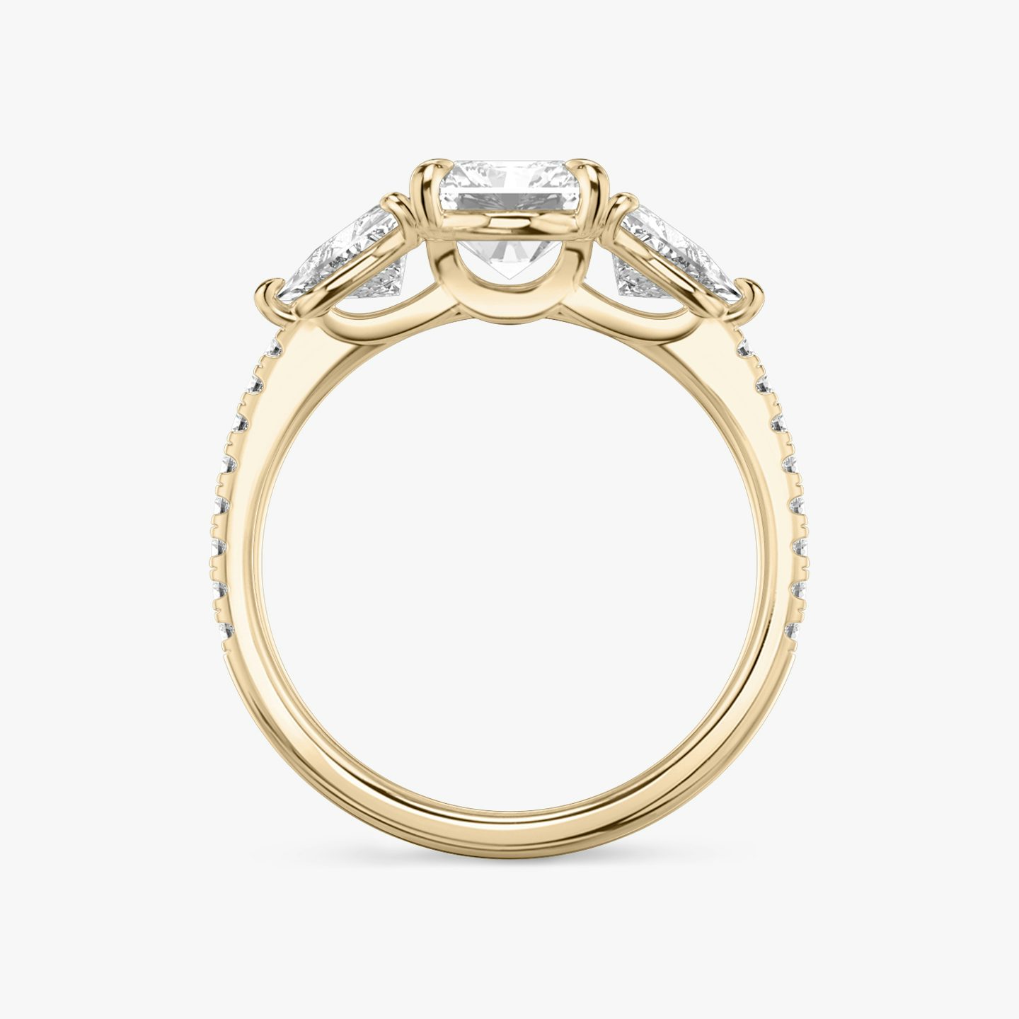 The Three Stone | Radiant | 14k | Rose Gold | bandAccent: Pavé | sideStoneCarat: 0.50ct | sideStoneShape: Trillion | diamondOrientation: vertical | caratWeight: other