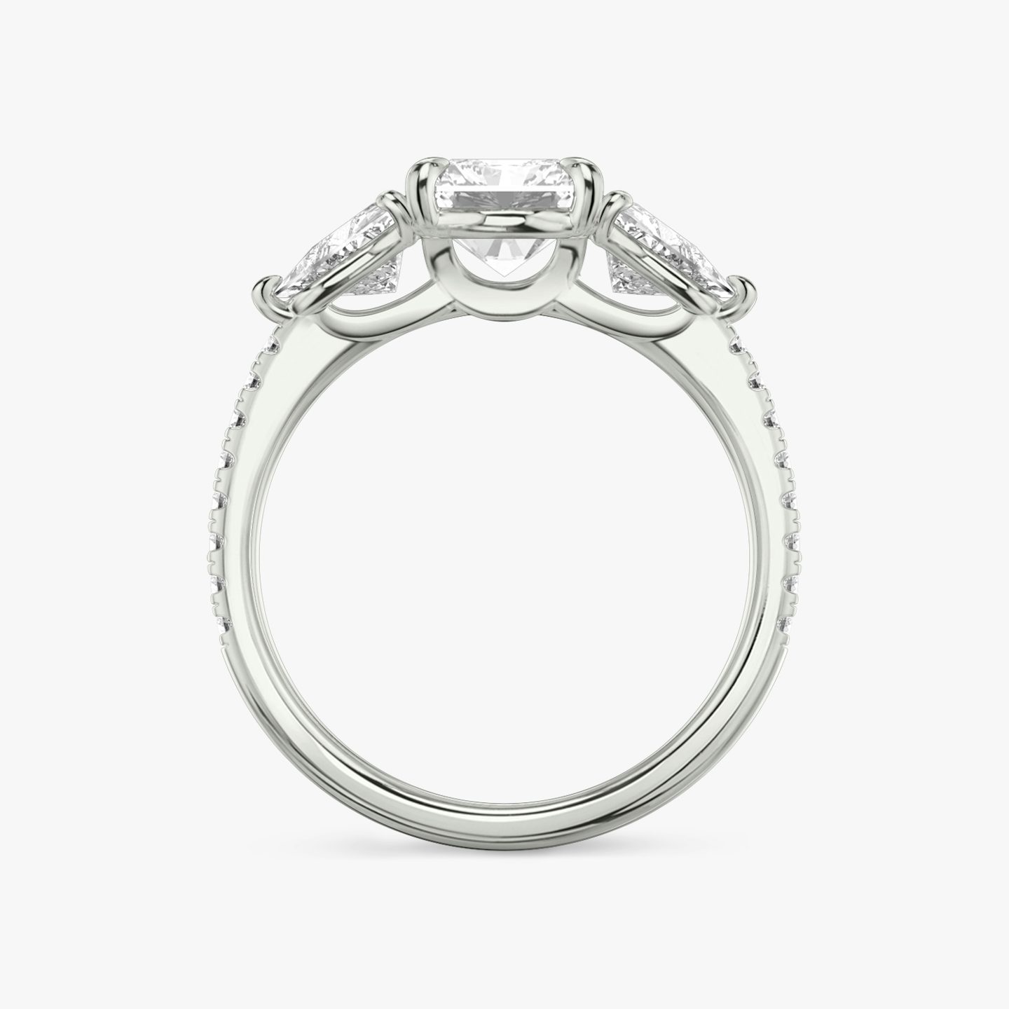 The Three Stone | Radiant | Platinum | bandAccent: Pavé | sideStoneCarat: 0.50ct | sideStoneShape: Trillion | diamondOrientation: vertical | caratWeight: other