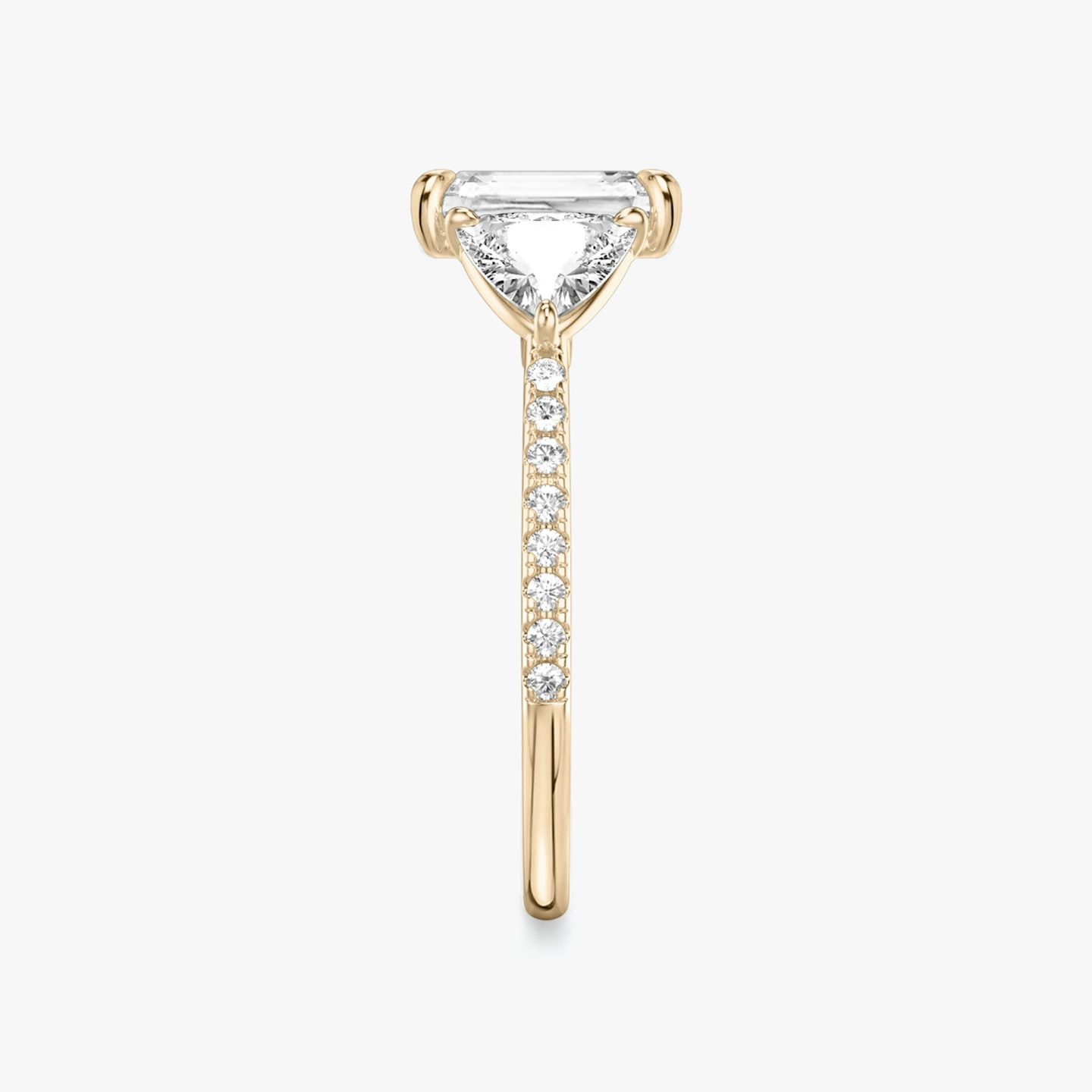 The Three Stone | Radiant | 14k | Rose Gold | bandAccent: Pavé | sideStoneCarat: 0.50ct | sideStoneShape: Trillion | diamondOrientation: vertical | caratWeight: other