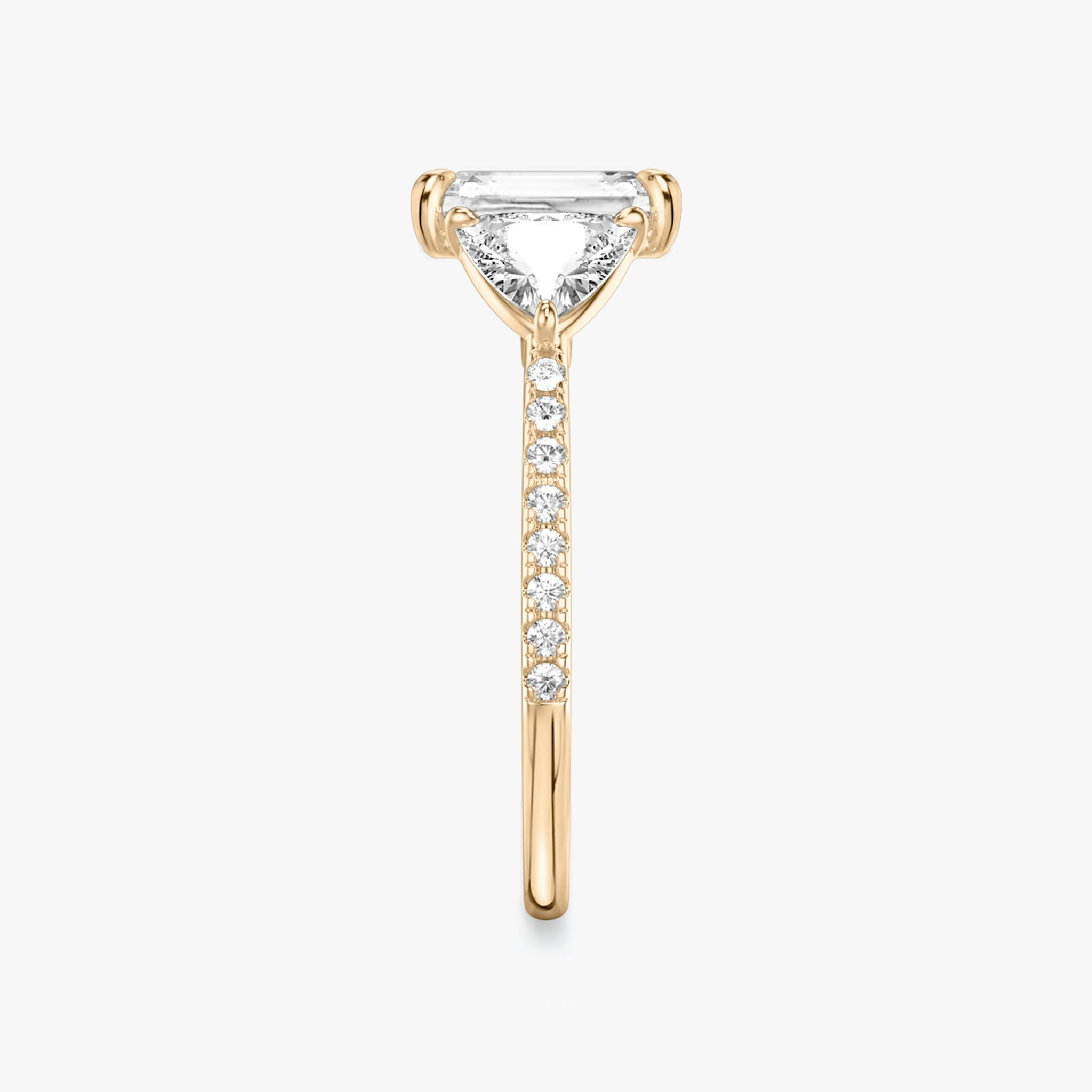 The Three Stone | Radiant | 14k | Rose Gold | bandAccent: Pavé | sideStoneCarat: 0.50ct | sideStoneShape: Trillion | diamondOrientation: vertical | caratWeight: other