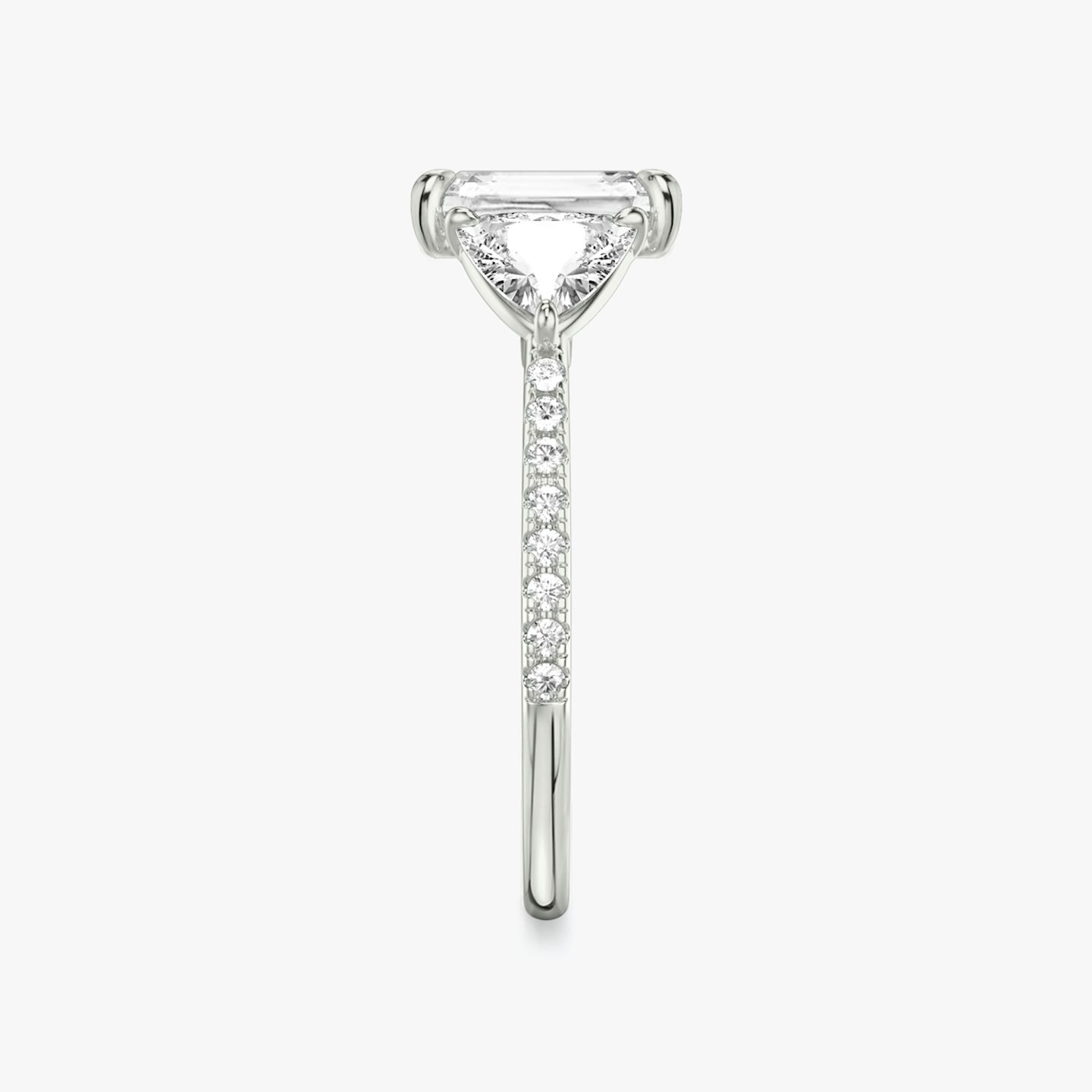 The Three Stone | Radiant | Platinum | bandAccent: Pavé | sideStoneCarat: 0.50ct | sideStoneShape: Trillion | diamondOrientation: vertical | caratWeight: other