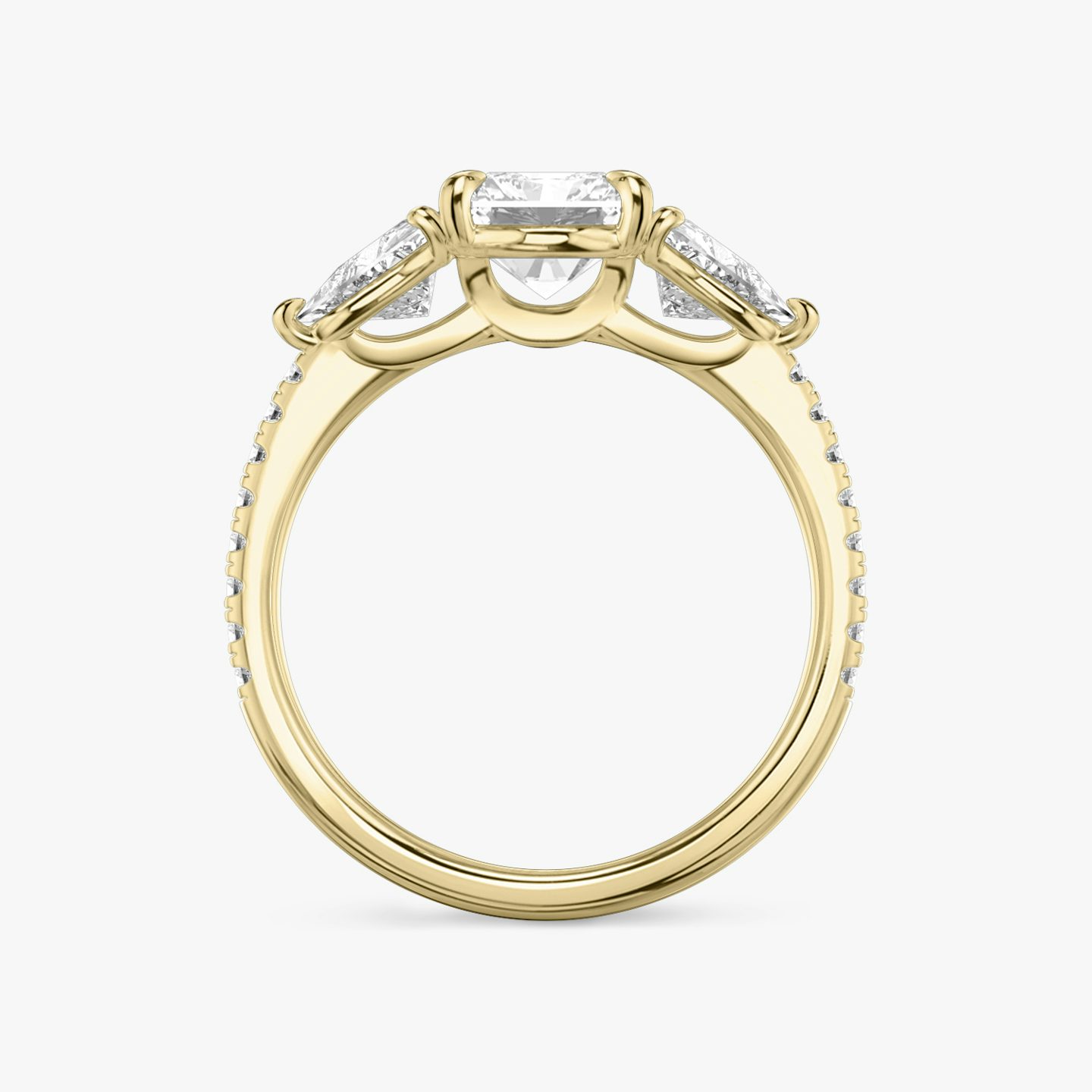 The Three Stone | Radiant | 18k | Yellow Gold | bandAccent: Pavé | sideStoneCarat: 0.50ct | sideStoneShape: Trillion | diamondOrientation: vertical | caratWeight: other