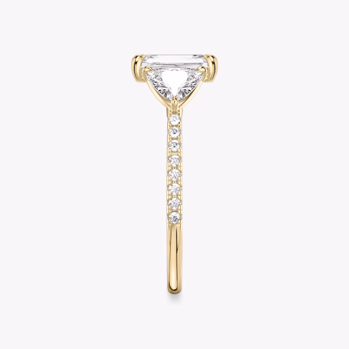 The Three Stone | Radiant | 18k | Yellow Gold | bandAccent: Pavé | sideStoneCarat: 0.50ct | sideStoneShape: Trillion | diamondOrientation: vertical | caratWeight: other