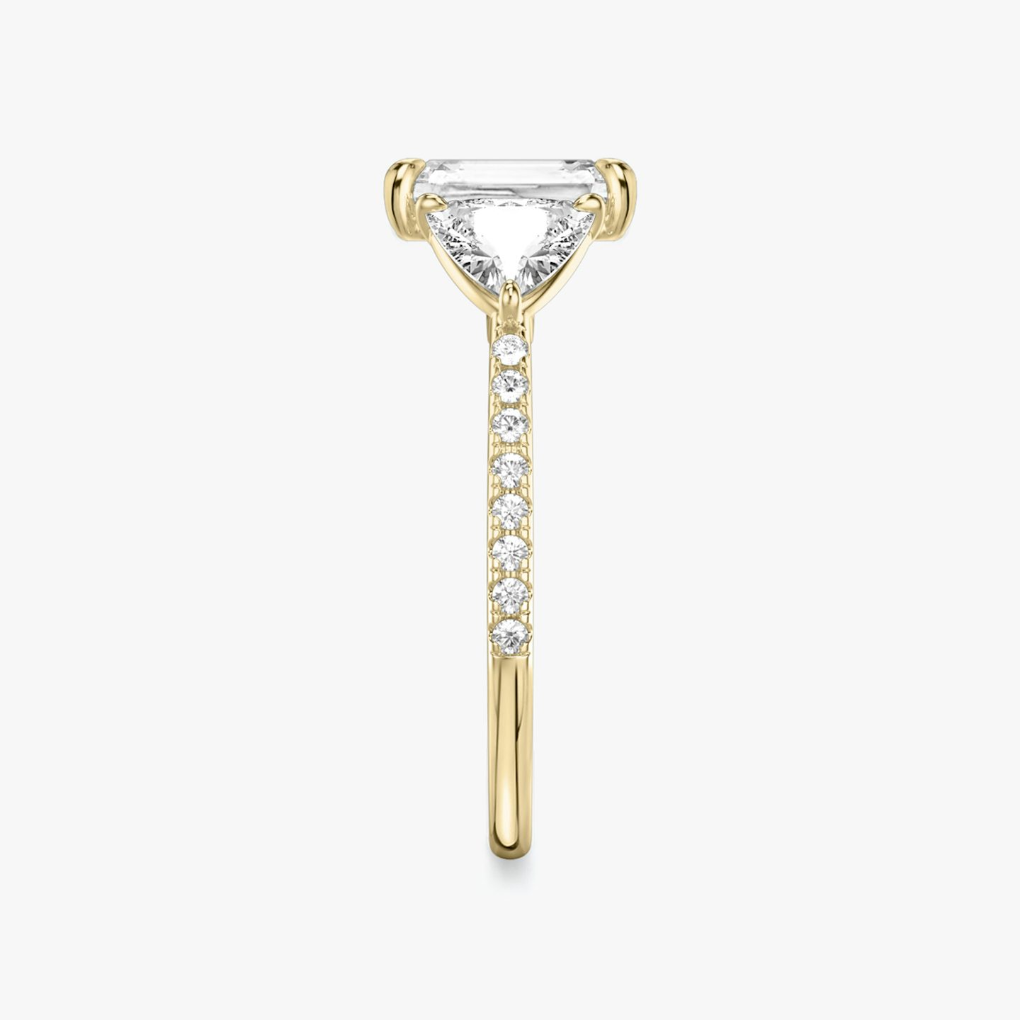 The Three Stone | Radiant | 18k | Yellow Gold | bandAccent: Pavé | sideStoneCarat: 0.50ct | sideStoneShape: Trillion | diamondOrientation: vertical | caratWeight: other