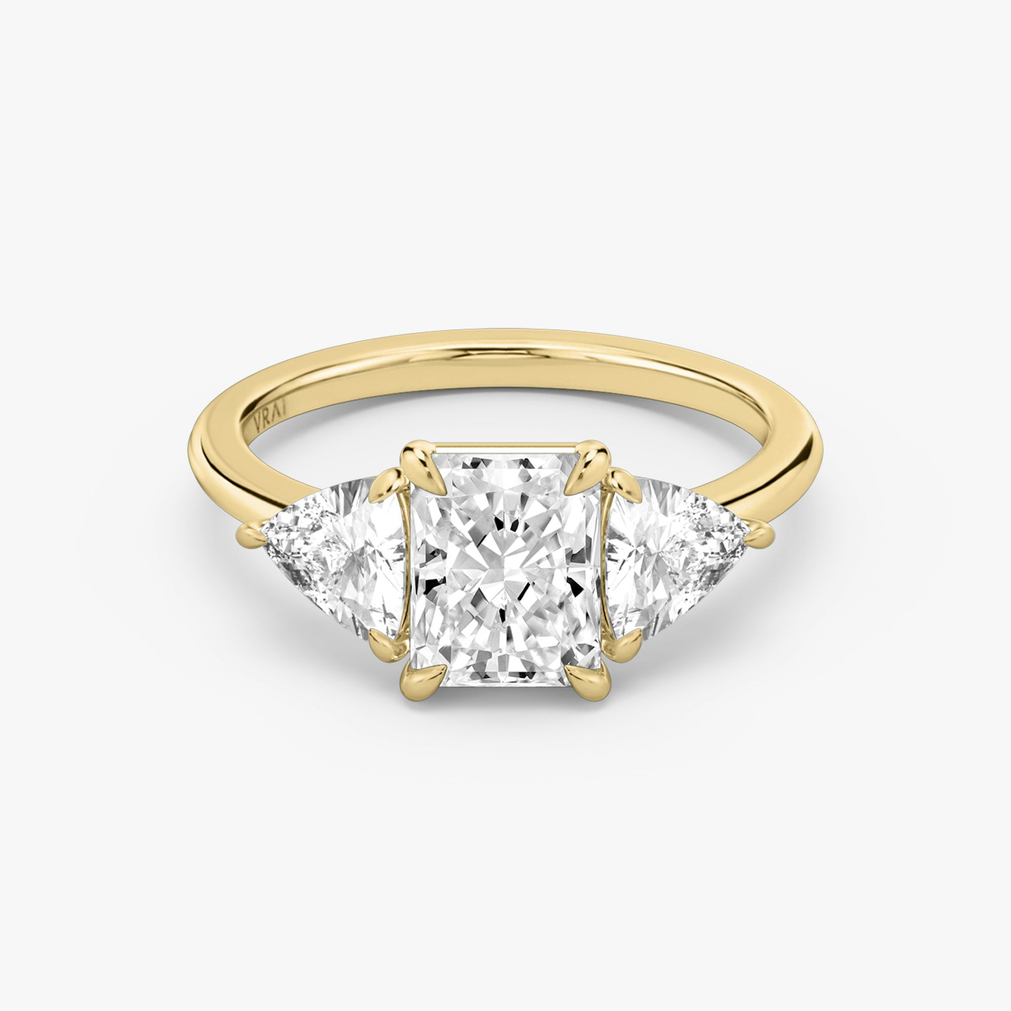The Three Stone | Radiant | 18k | Yellow Gold | bandAccent: Plain | sideStoneCarat: 0.50ct | sideStoneShape: Trillion | diamondOrientation: vertical | caratWeight: other