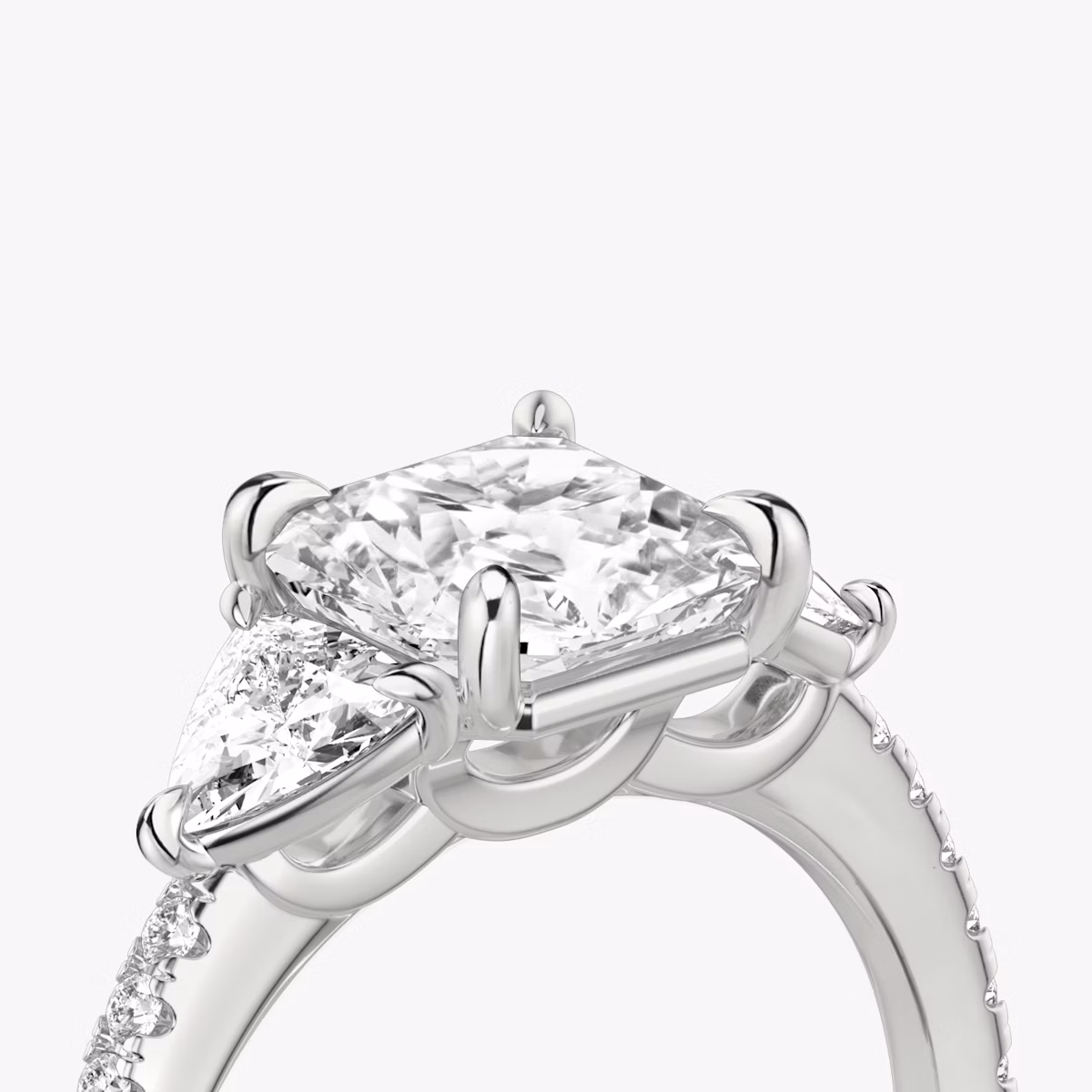 The Three Stone | Asscher | Platinum | bandAccent: Pavé | sideStoneCarat: 0.25ct | sideStoneShape: Trillion | diamondOrientation: vertical | caratWeight: other