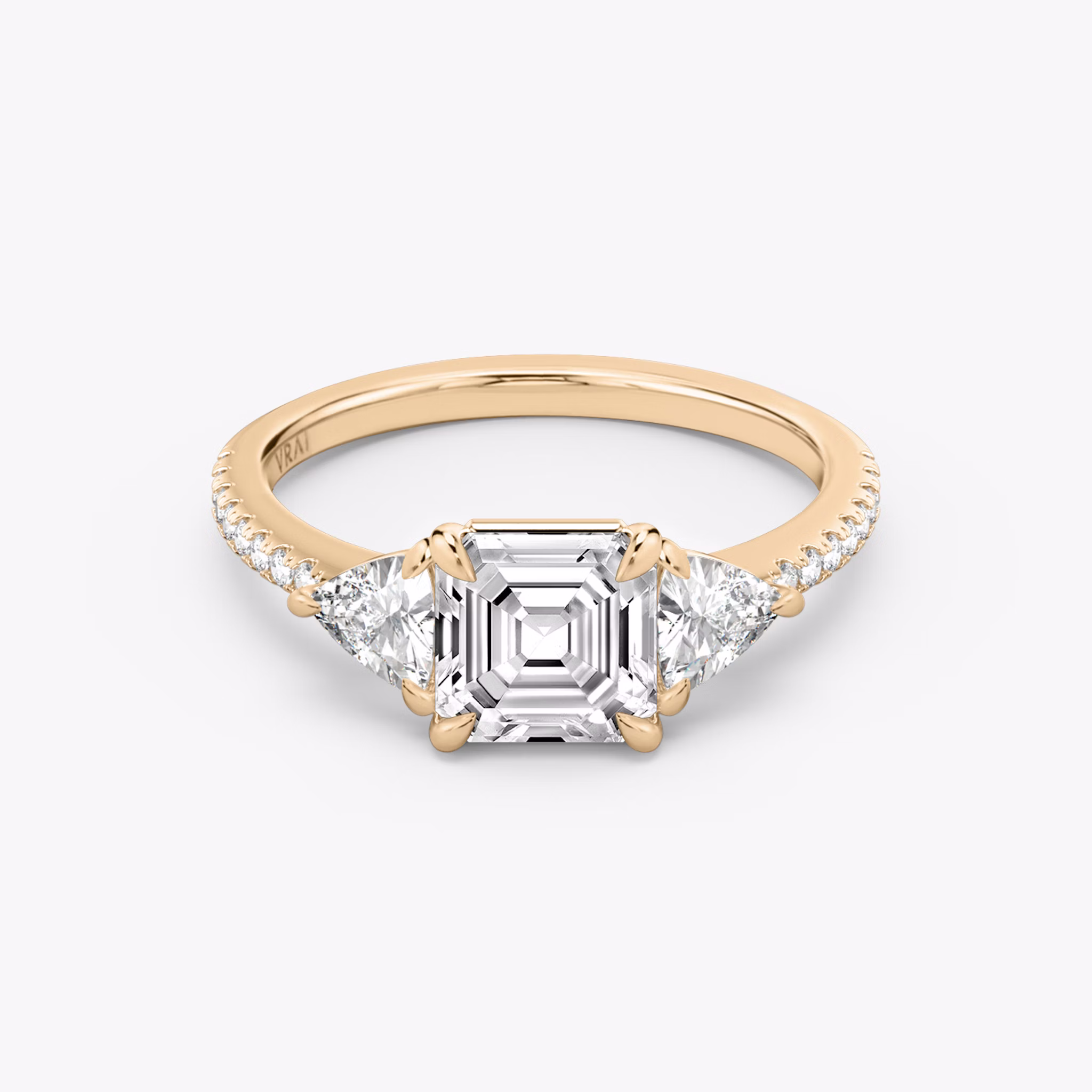 The Three Stone | Asscher | 14k | Rose Gold | bandAccent: Pavé | sideStoneCarat: 0.25ct | sideStoneShape: Trillion | diamondOrientation: vertical | caratWeight: other