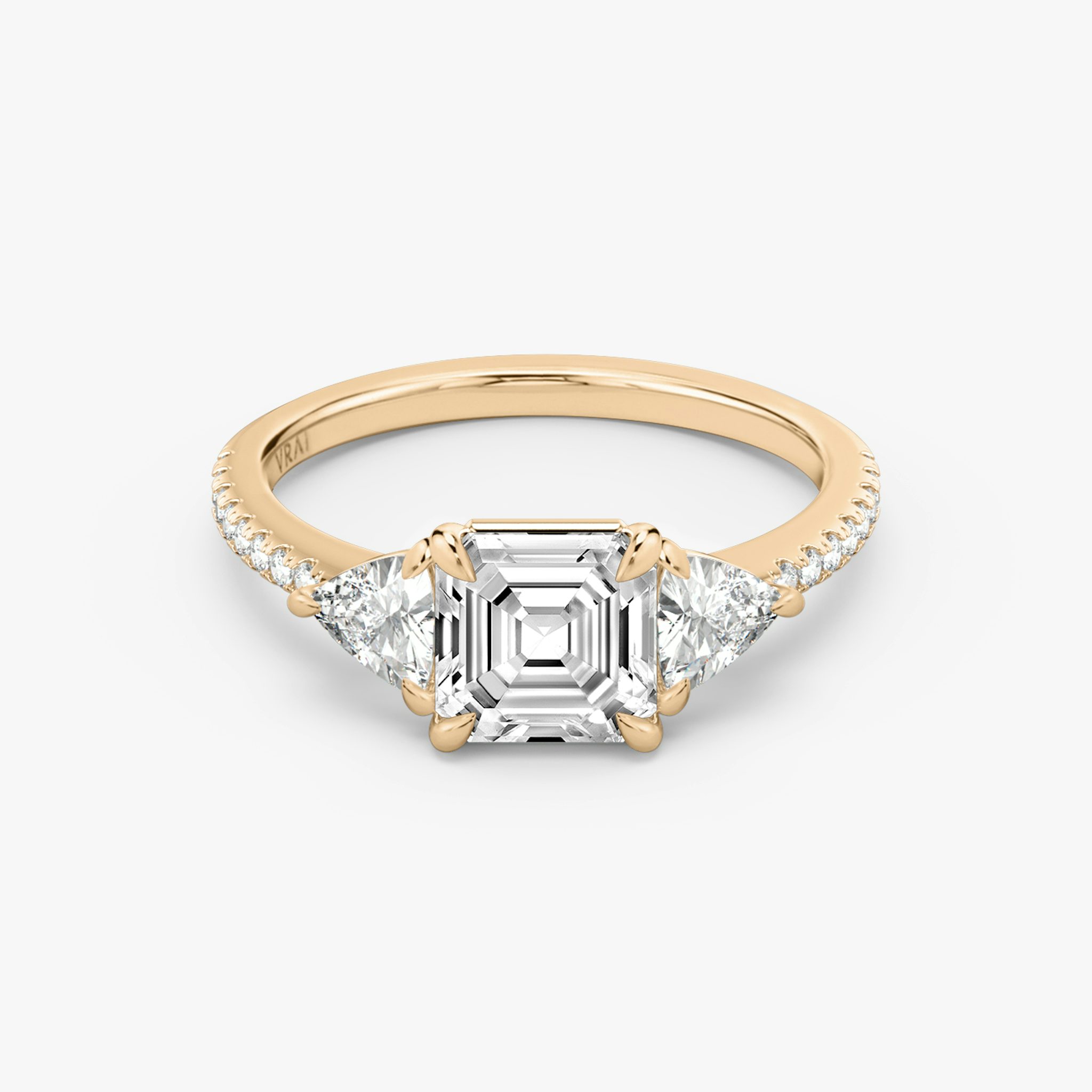 The Three Stone | Asscher | 14k | Rose Gold | bandAccent: Pavé | sideStoneCarat: 0.25ct | sideStoneShape: Trillion | diamondOrientation: vertical | caratWeight: other