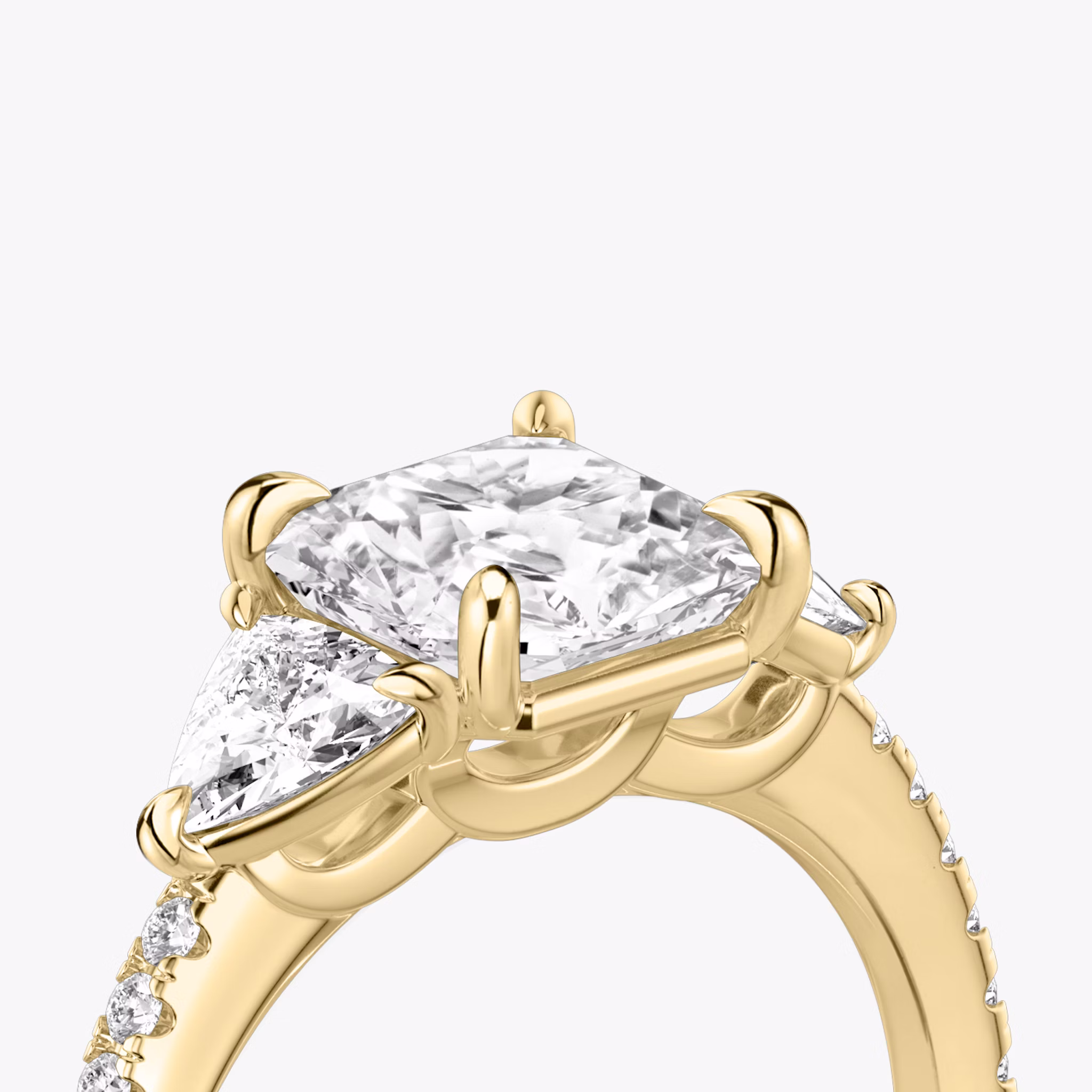 The Three Stone | Asscher | 18k | Yellow Gold | bandAccent: Pavé | sideStoneCarat: 0.25ct | sideStoneShape: Trillion | diamondOrientation: vertical | caratWeight: other