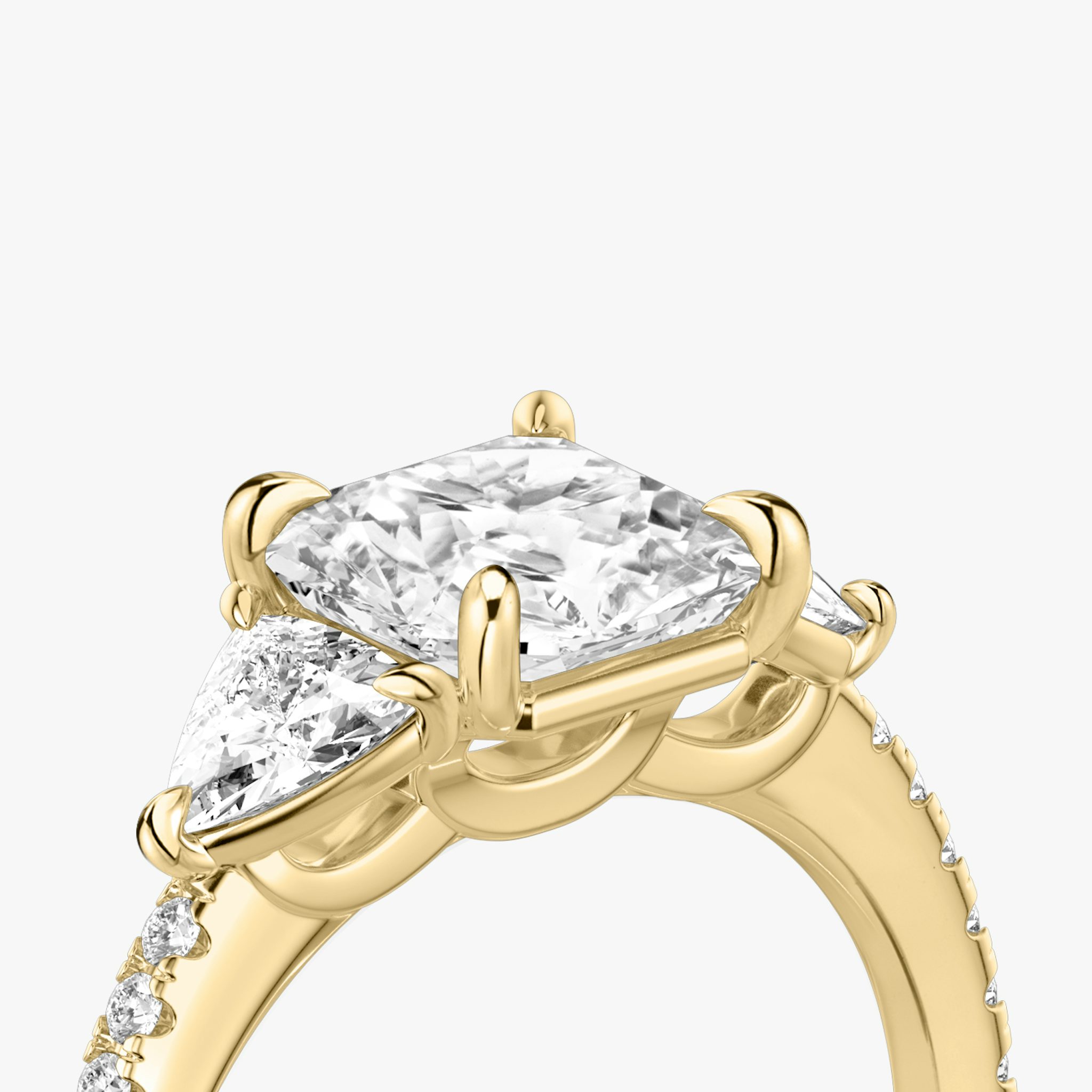 The Three Stone | Asscher | 18k | Yellow Gold | bandAccent: Pavé | sideStoneCarat: 0.25ct | sideStoneShape: Trillion | diamondOrientation: vertical | caratWeight: other