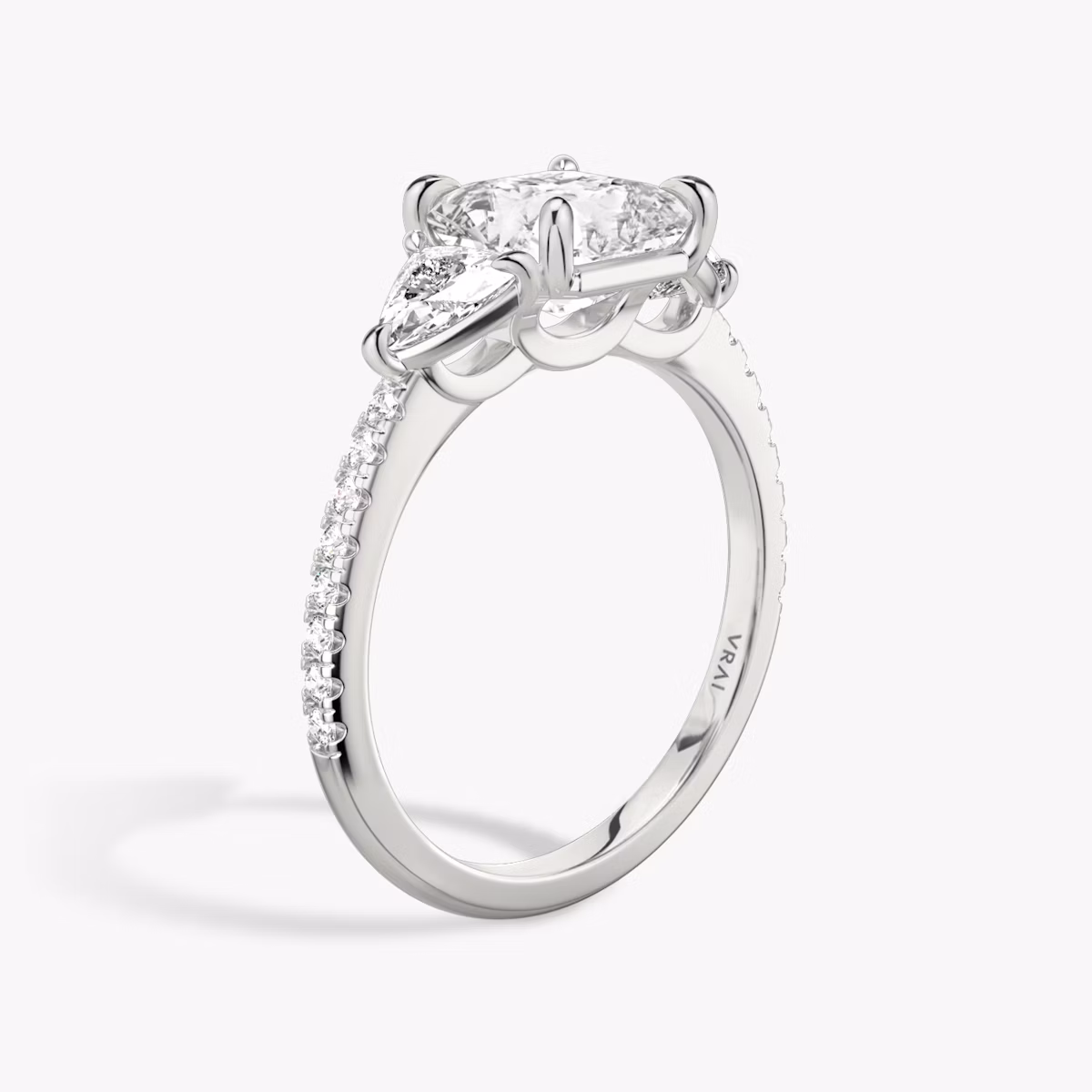The Three Stone | Asscher | Platinum | bandAccent: Pavé | sideStoneCarat: 0.25ct | sideStoneShape: Trillion | diamondOrientation: vertical | caratWeight: other