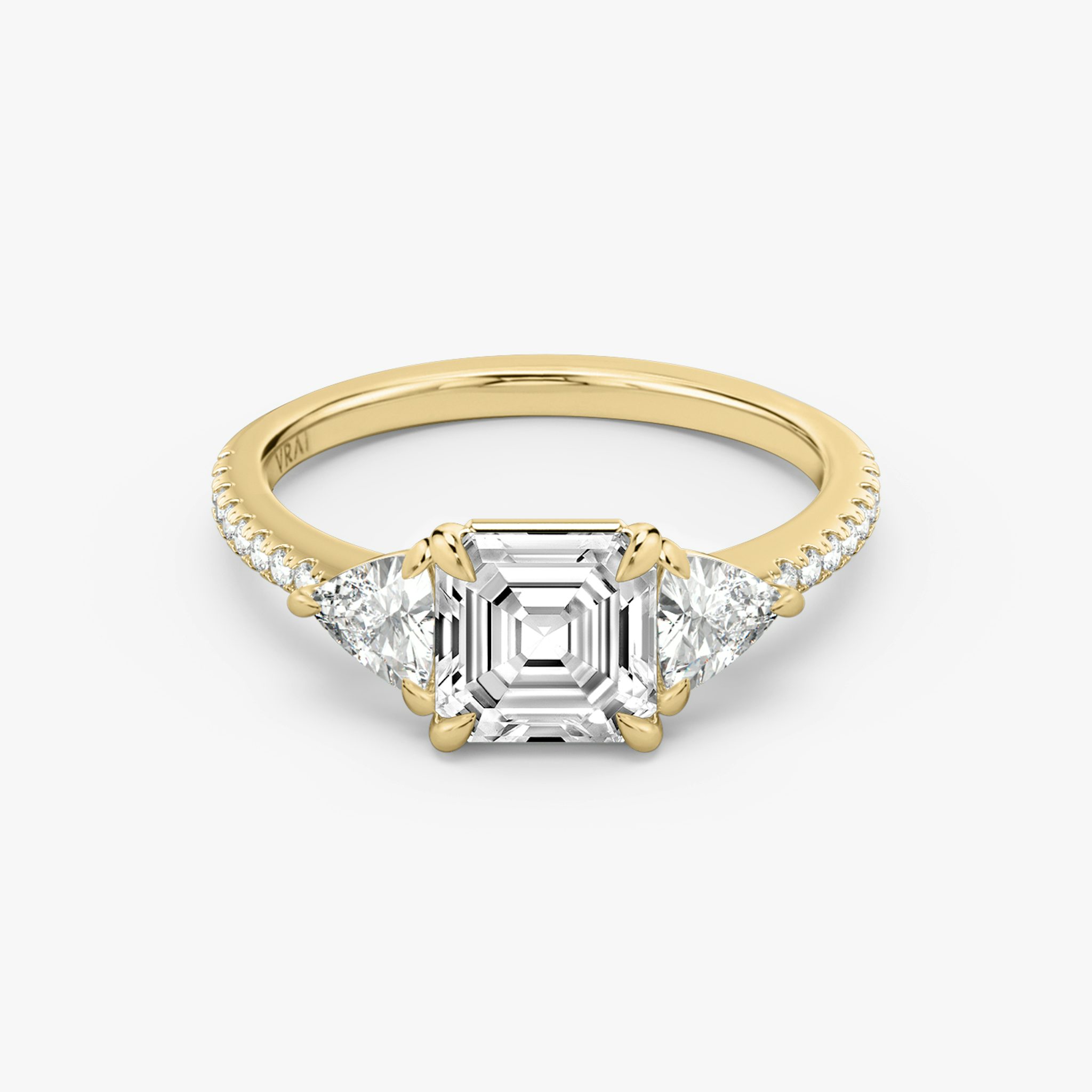 The Three Stone | Asscher | 18k | Yellow Gold | bandAccent: Pavé | sideStoneCarat: 0.25ct | sideStoneShape: Trillion | diamondOrientation: vertical | caratWeight: other