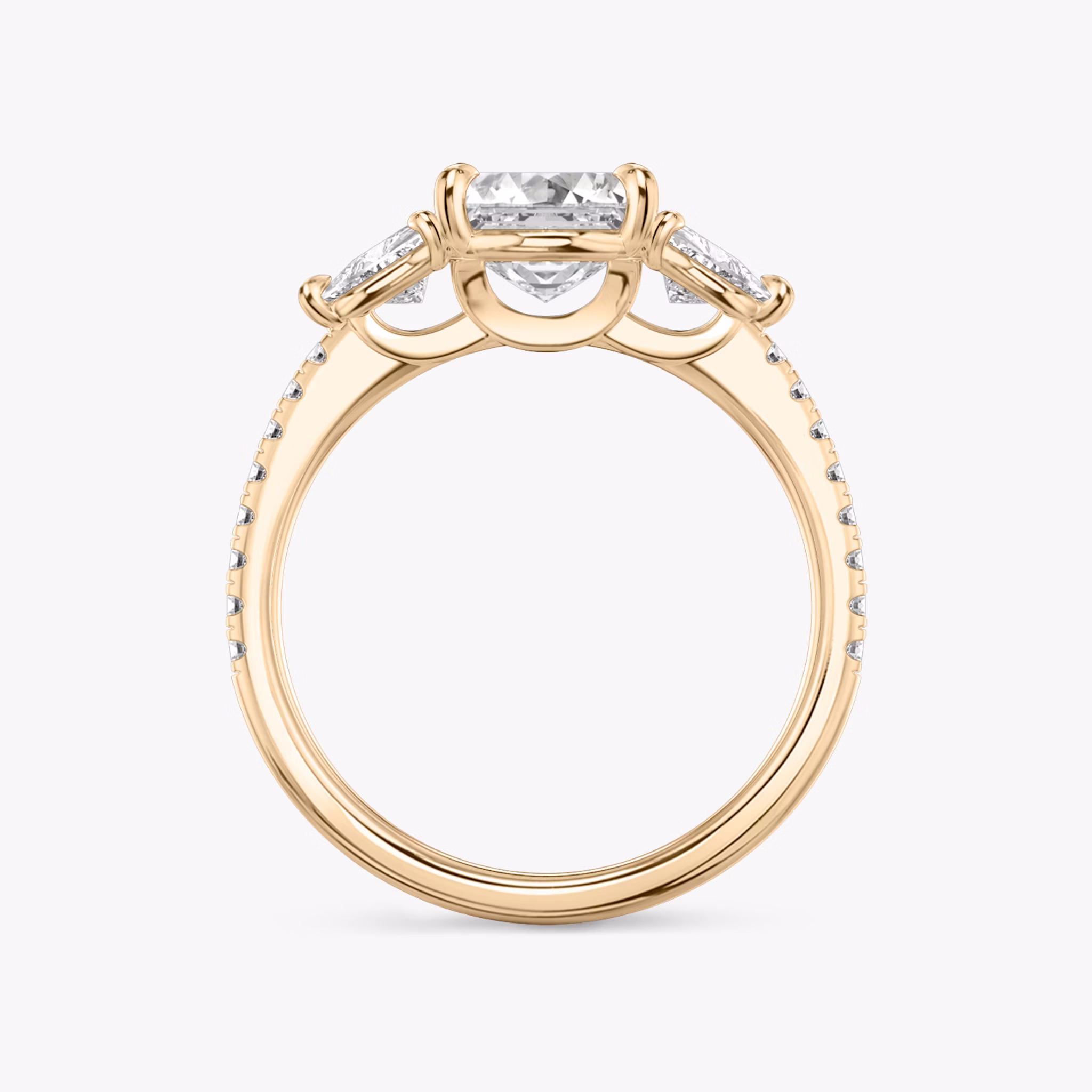 The Three Stone | Asscher | 14k | Rose Gold | bandAccent: Pavé | sideStoneCarat: 0.25ct | sideStoneShape: Trillion | diamondOrientation: vertical | caratWeight: other
