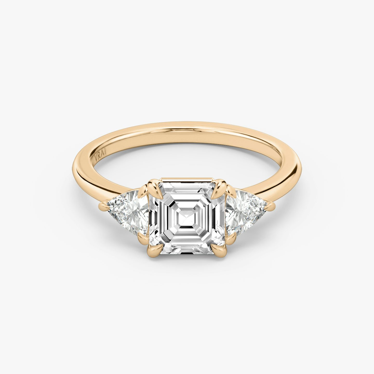 The Three Stone | Asscher | 14k | Rose Gold | bandAccent: Plain | sideStoneCarat: 0.25ct | sideStoneShape: Trillion | diamondOrientation: vertical | caratWeight: other