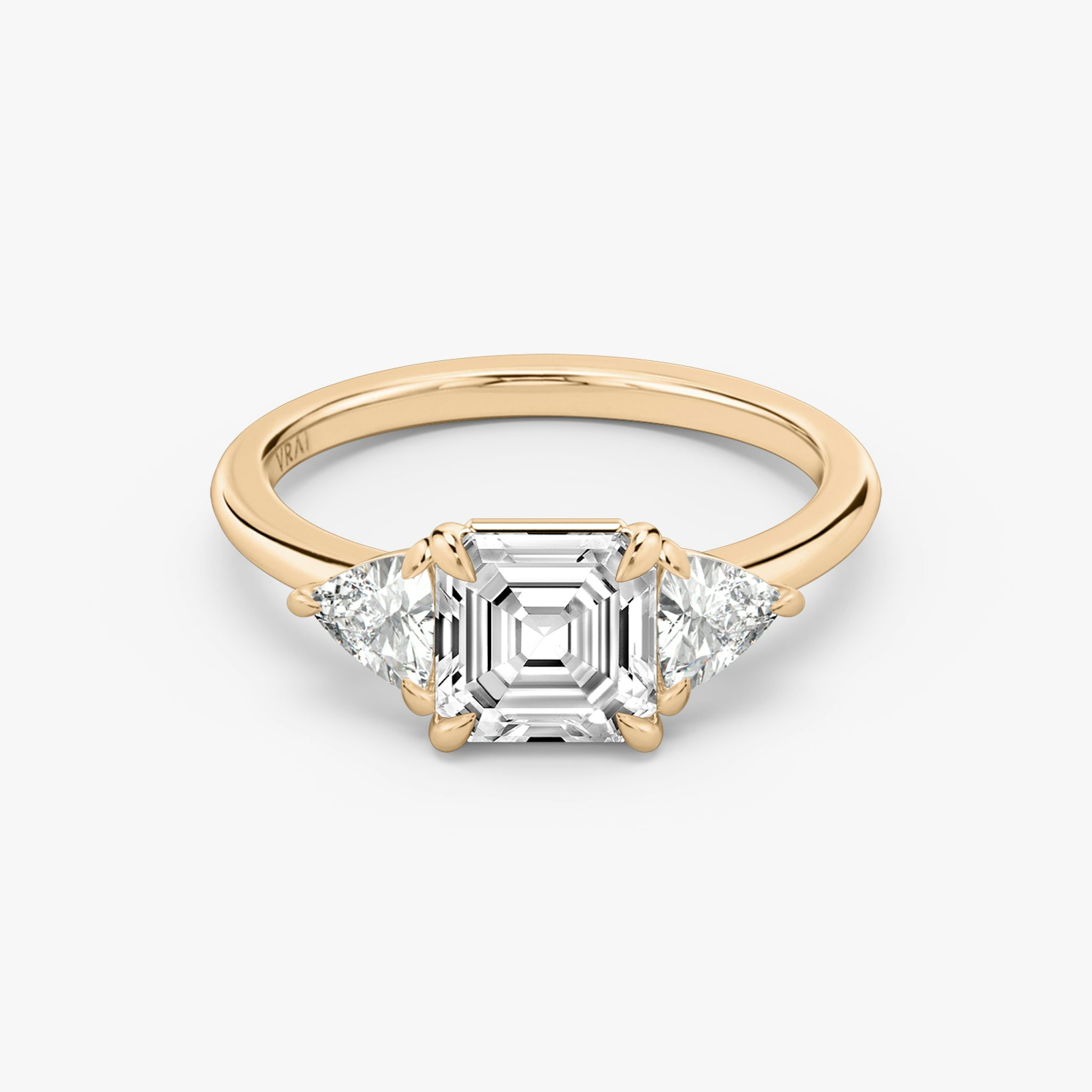 The Three Stone | Asscher | 14k | Rose Gold | bandAccent: Plain | sideStoneCarat: 0.25ct | sideStoneShape: Trillion | diamondOrientation: vertical | caratWeight: other